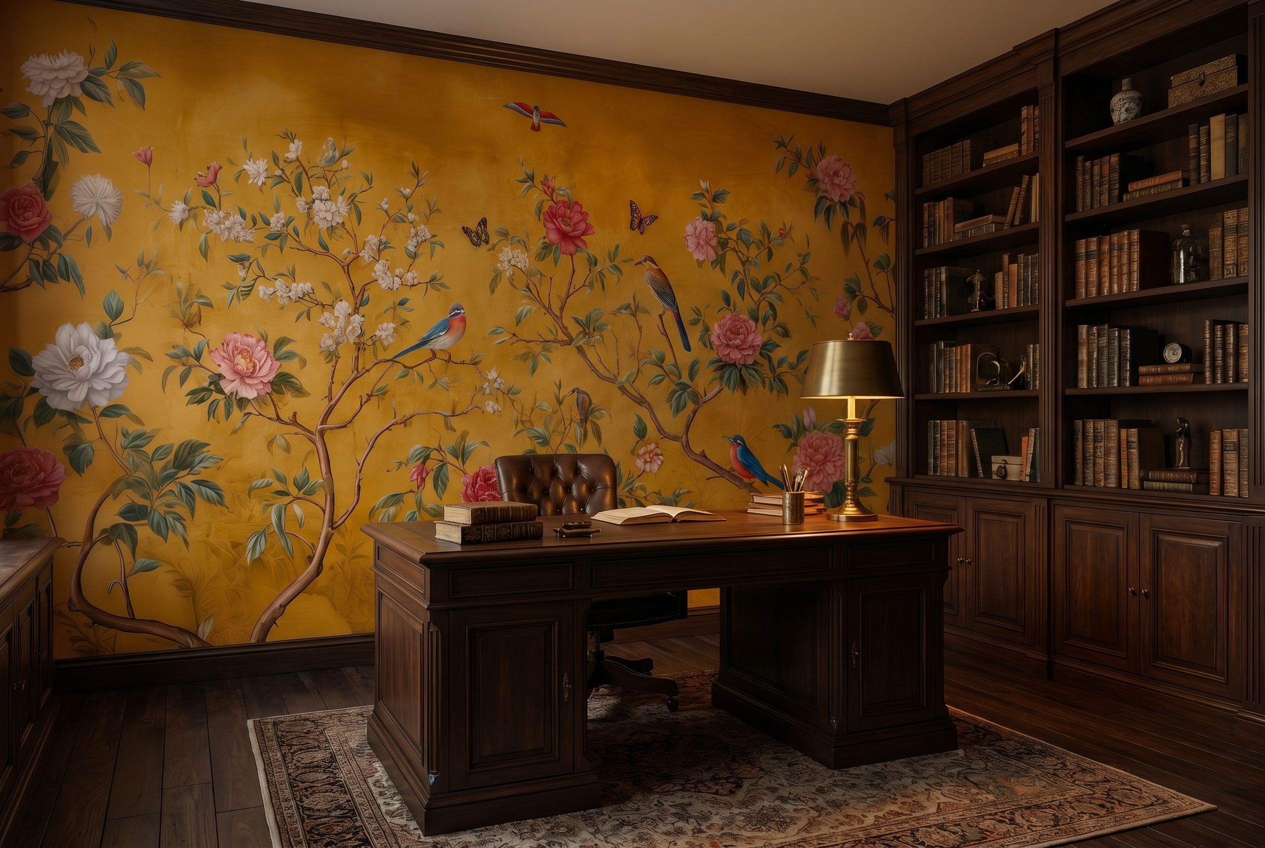 peony blossom mural with birds
golden background botanical wall mural