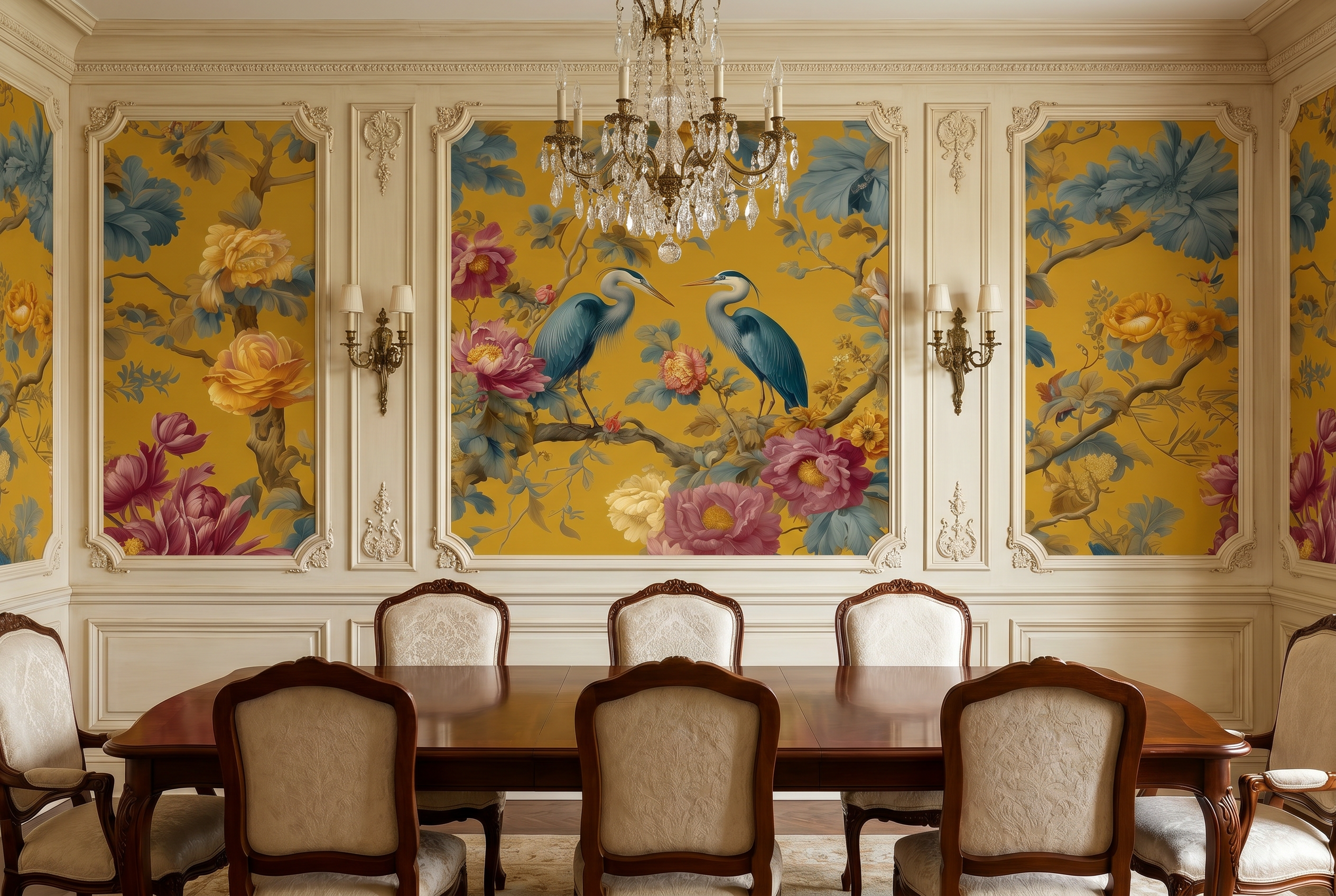 chinoiserie floral branch wallpaper design
decorative bird mural yellow wall art