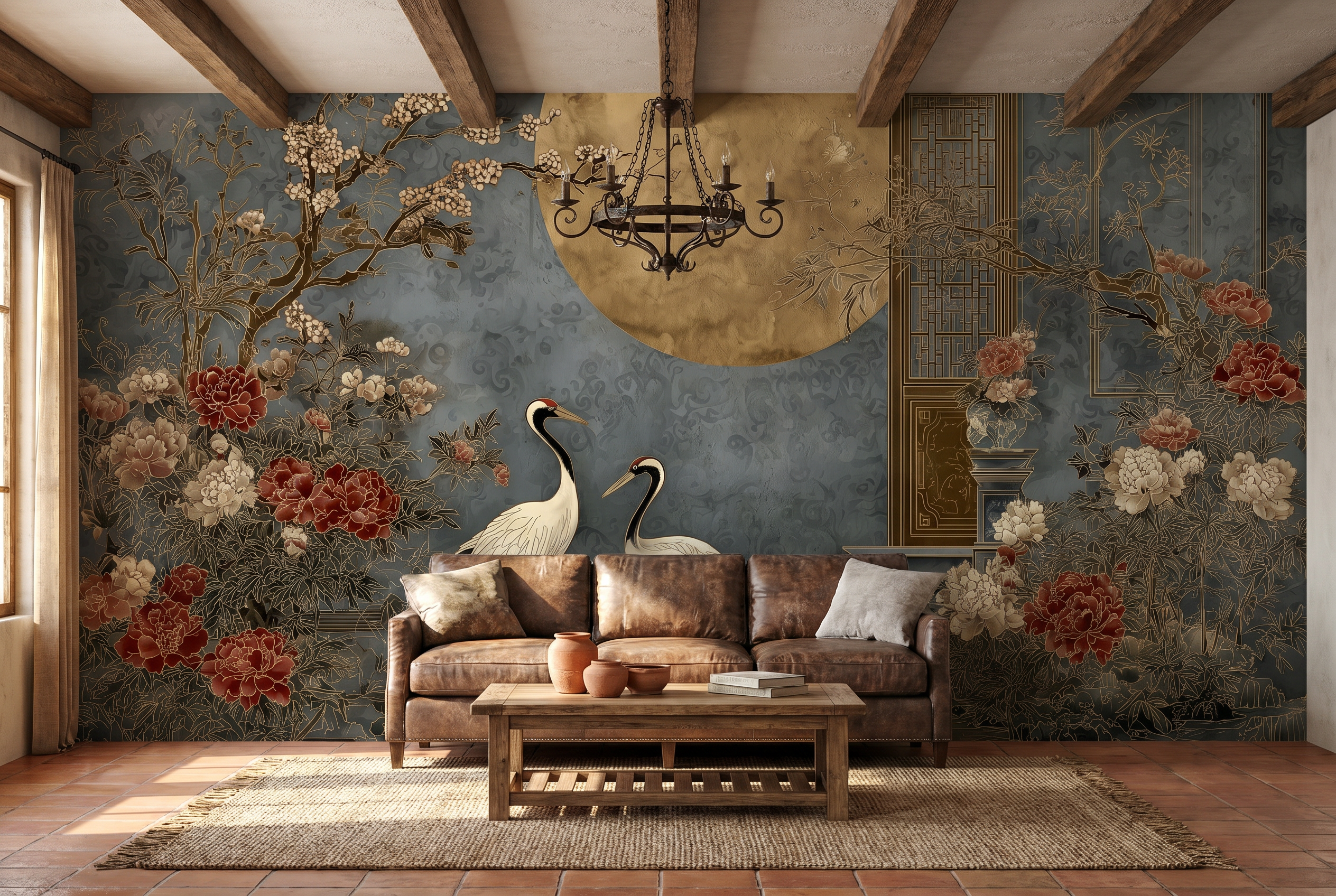 asian mural architecture and birds design
luxury chinoiserie wallpaper gold blue tones