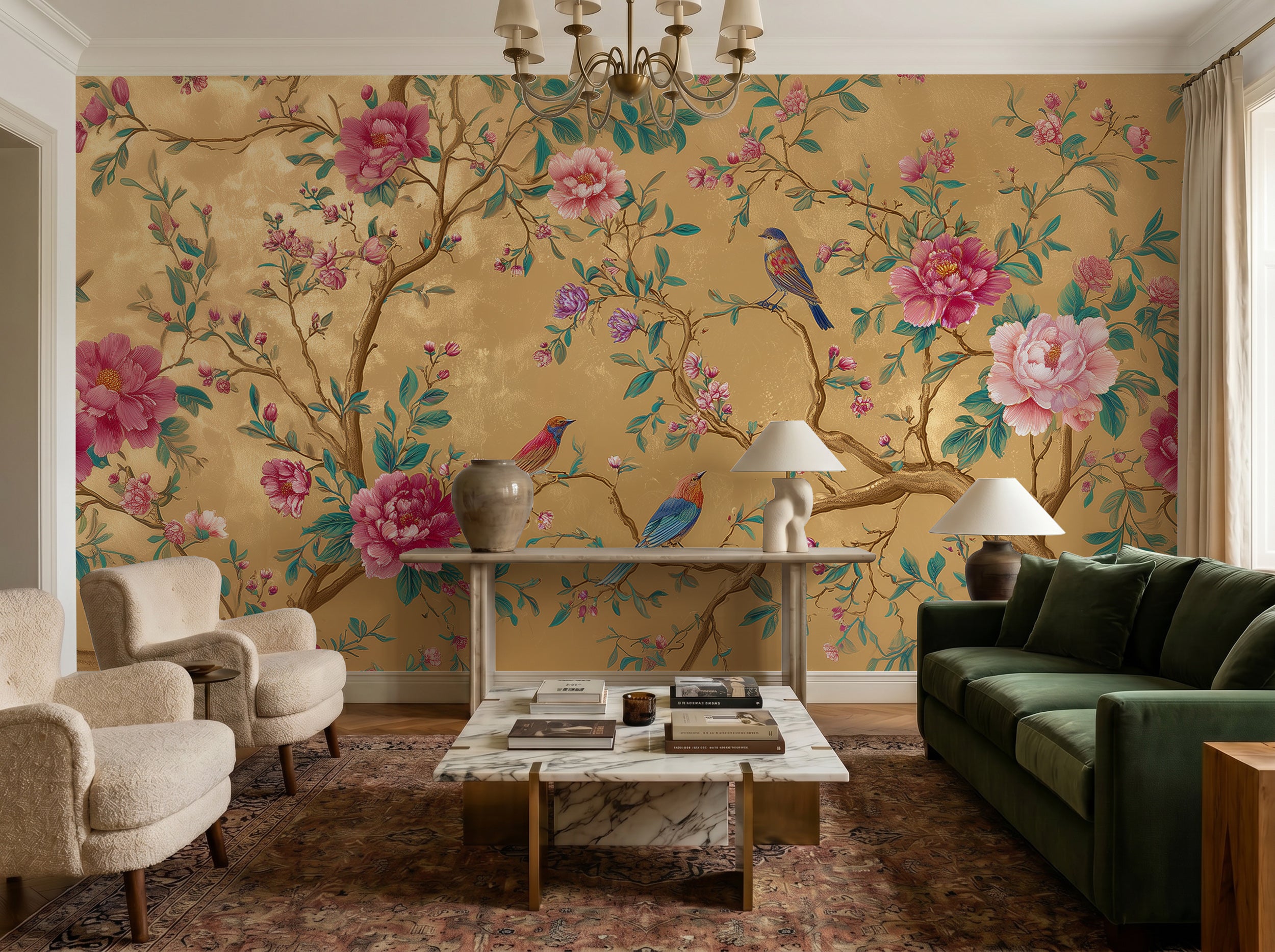 bird and flower wallpaper asian style
bright chinoiserie wall mural design