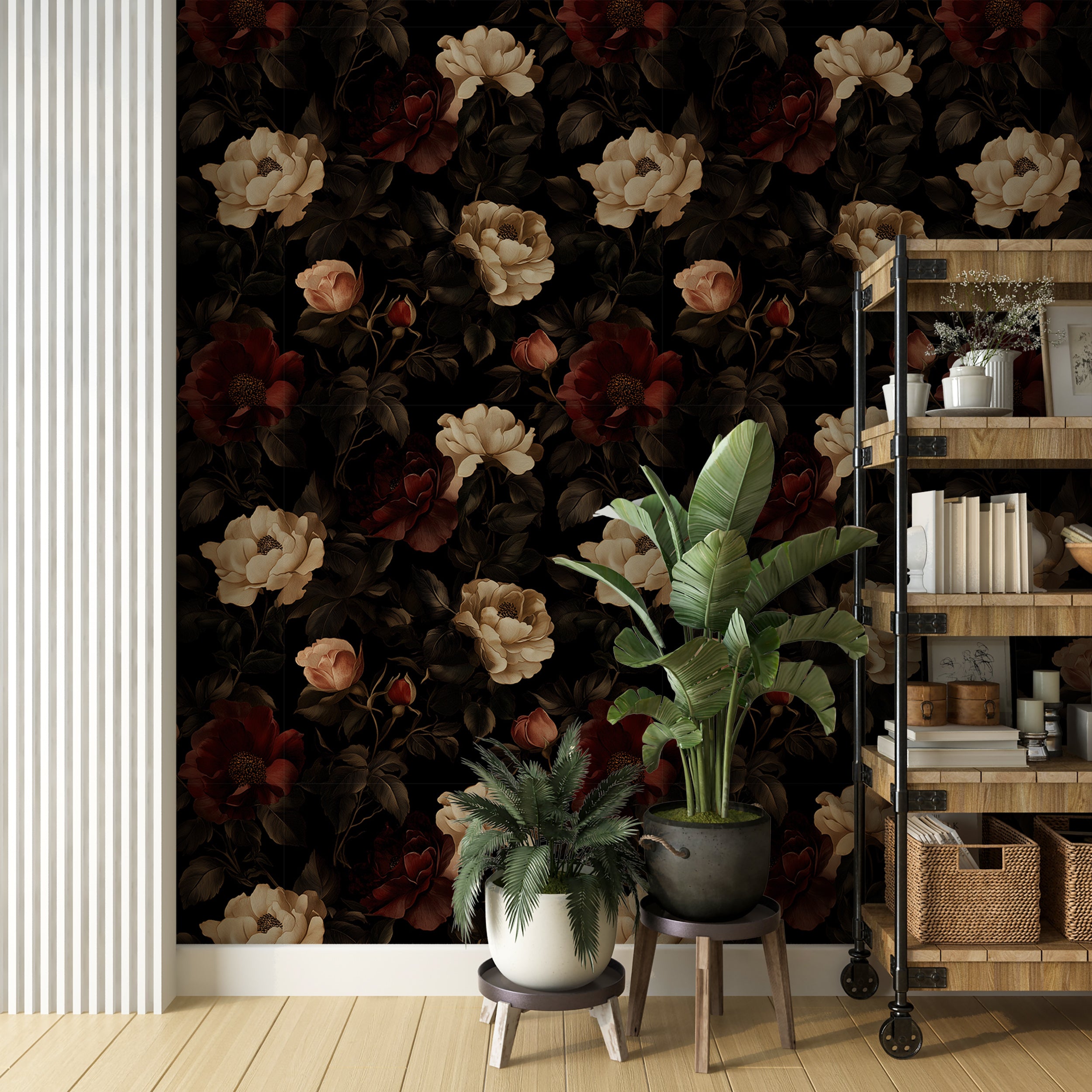 Dark floral wallpaper for romantic and timeless decor
Vintage botanical wallpaper with flowers and leaves pattern