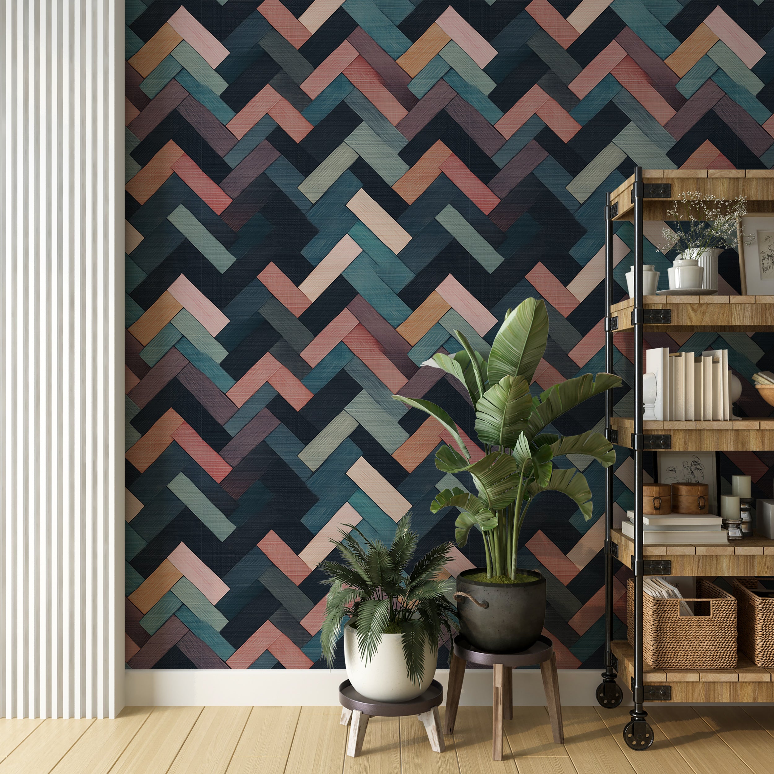 Modern geometric wallpaper with colorful herringbone design
Easy-to-remove herringbone wallpaper for vibrant wall accents