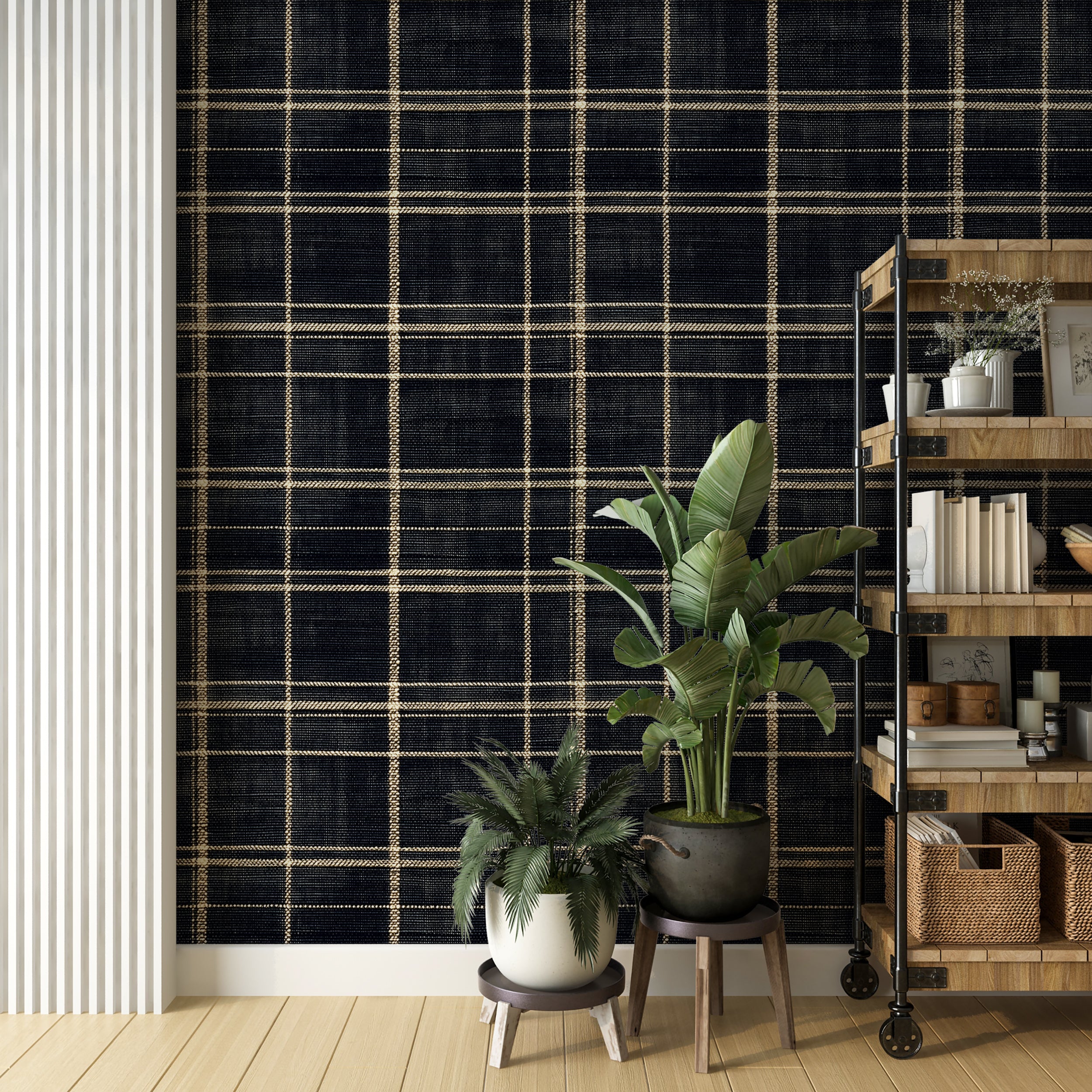 Easy-to-remove classic wallpaper with navy and gold design
Modern geometric wallpaper with navy and gold tones for upscale spaces