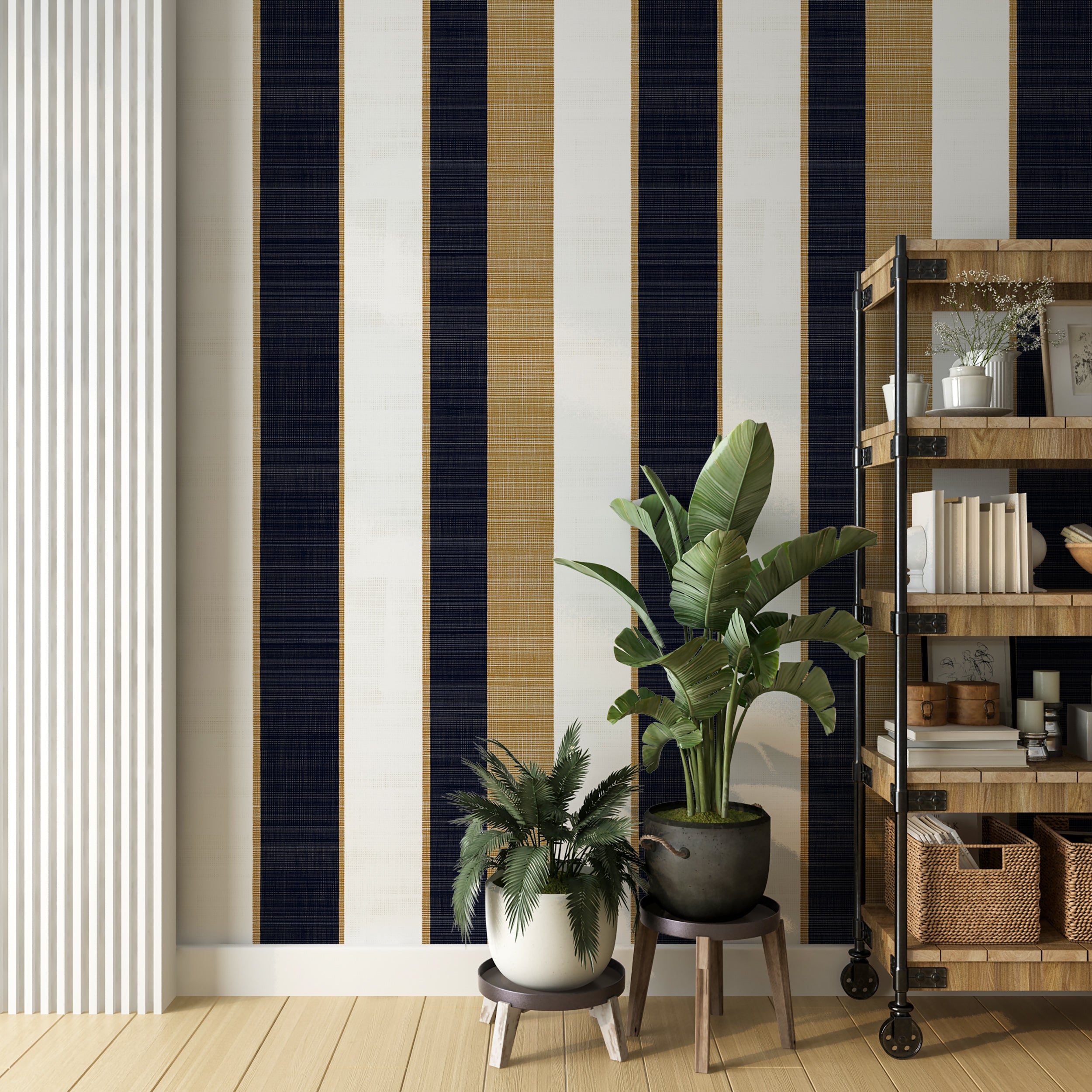Peel and stick wallpaper with bold striped pattern for living rooms
Modern textured stripes wallpaper for chic home interiors