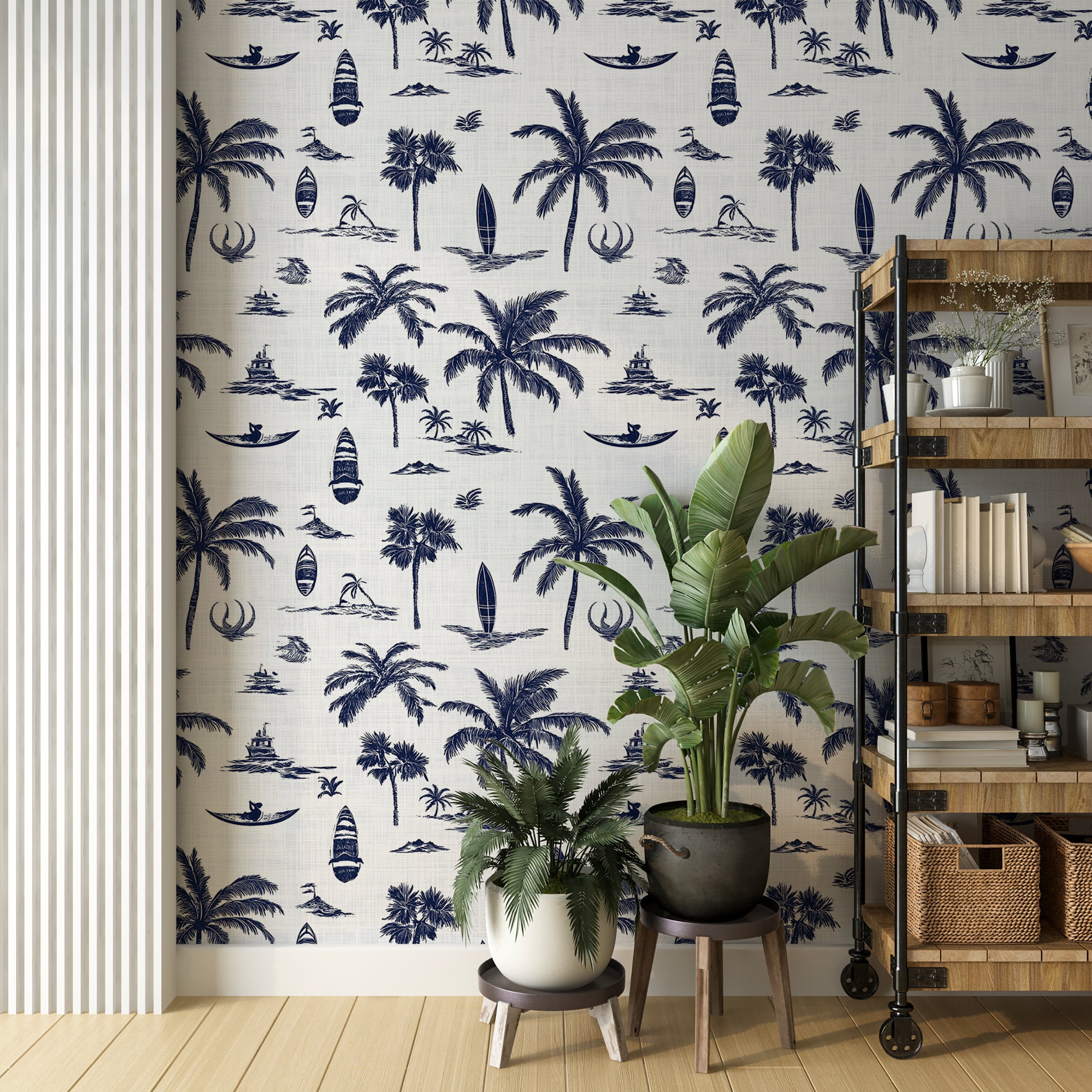 Blue and white coastal wall art with palm trees for relaxed decor
Surfboard and palm tree wallpaper for beach-style home accents