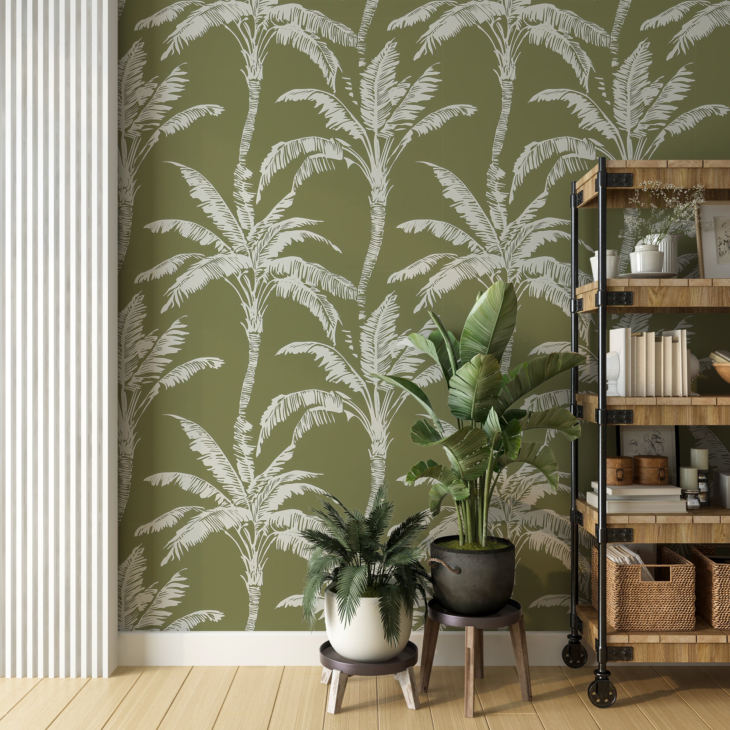 Modern jungle-inspired wallpaper for minimalist spaces
Tropical olive wallpaper for an elegant yet relaxed look
