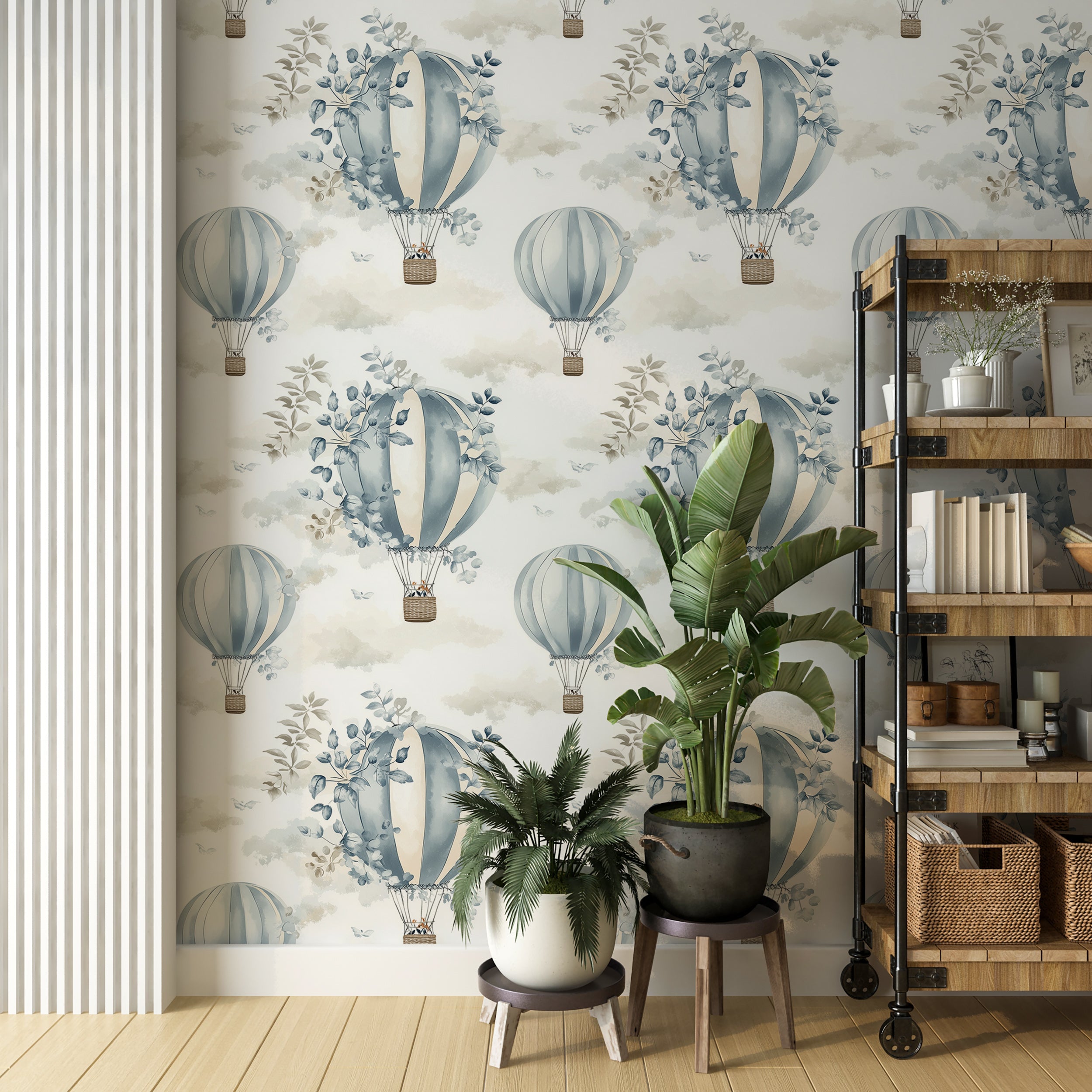 Removable balloon and flower wallpaper.
Serene hot air balloon wall covering.