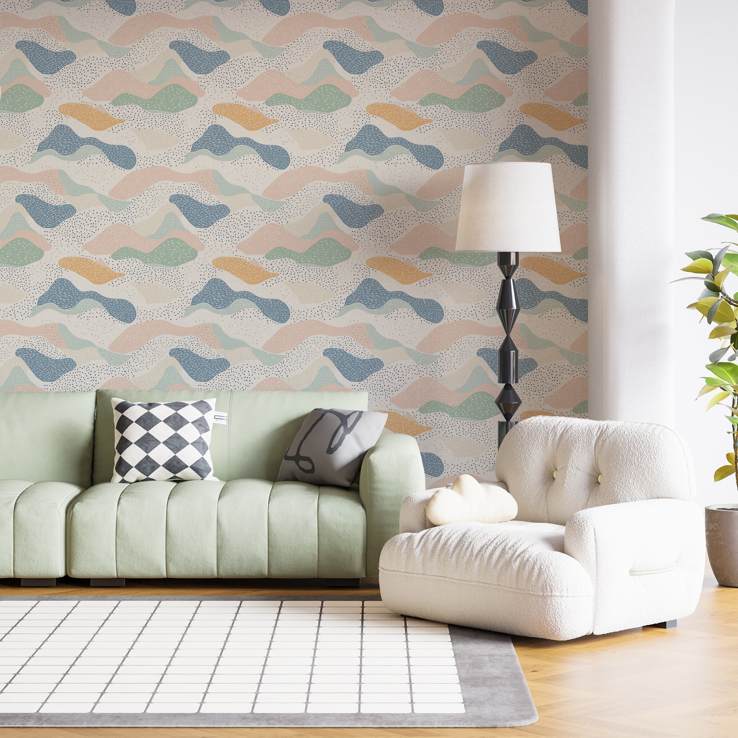 Soft peach, blue, and green wallpaper for interiors.
Abstract pastel wall covering for creative spaces.
