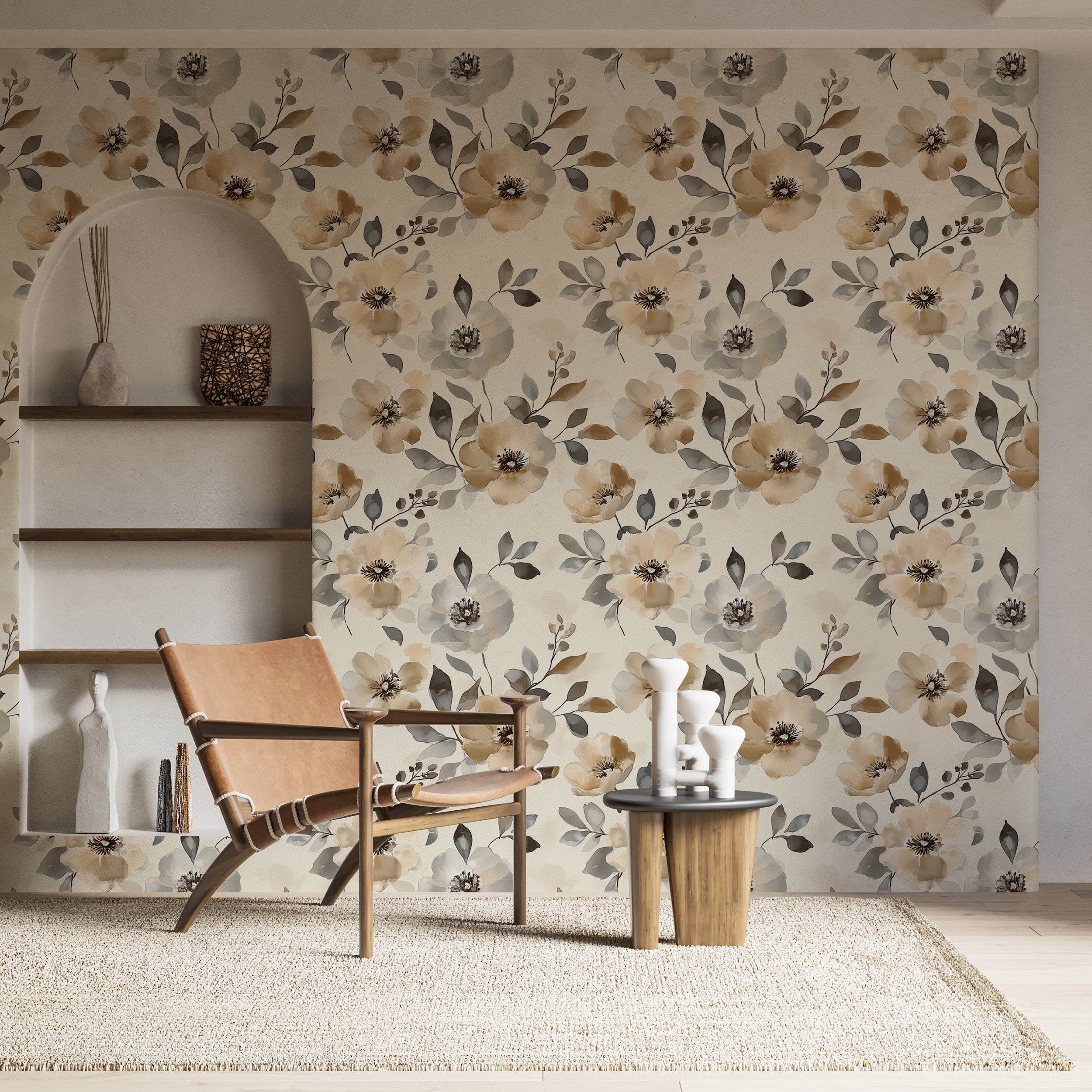 Nature-inspired watercolor flower wallpaper.
Subtle beige and gray flower mural for living rooms.