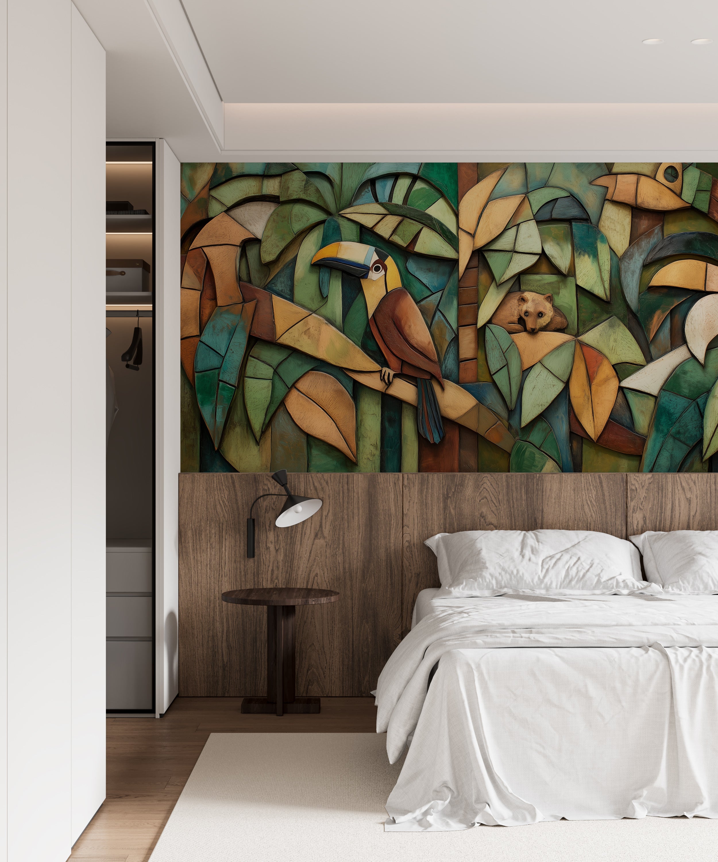 Contemporary nature wall art with cubist design.
Vibrant wildlife-themed wallpaper for creative interiors.