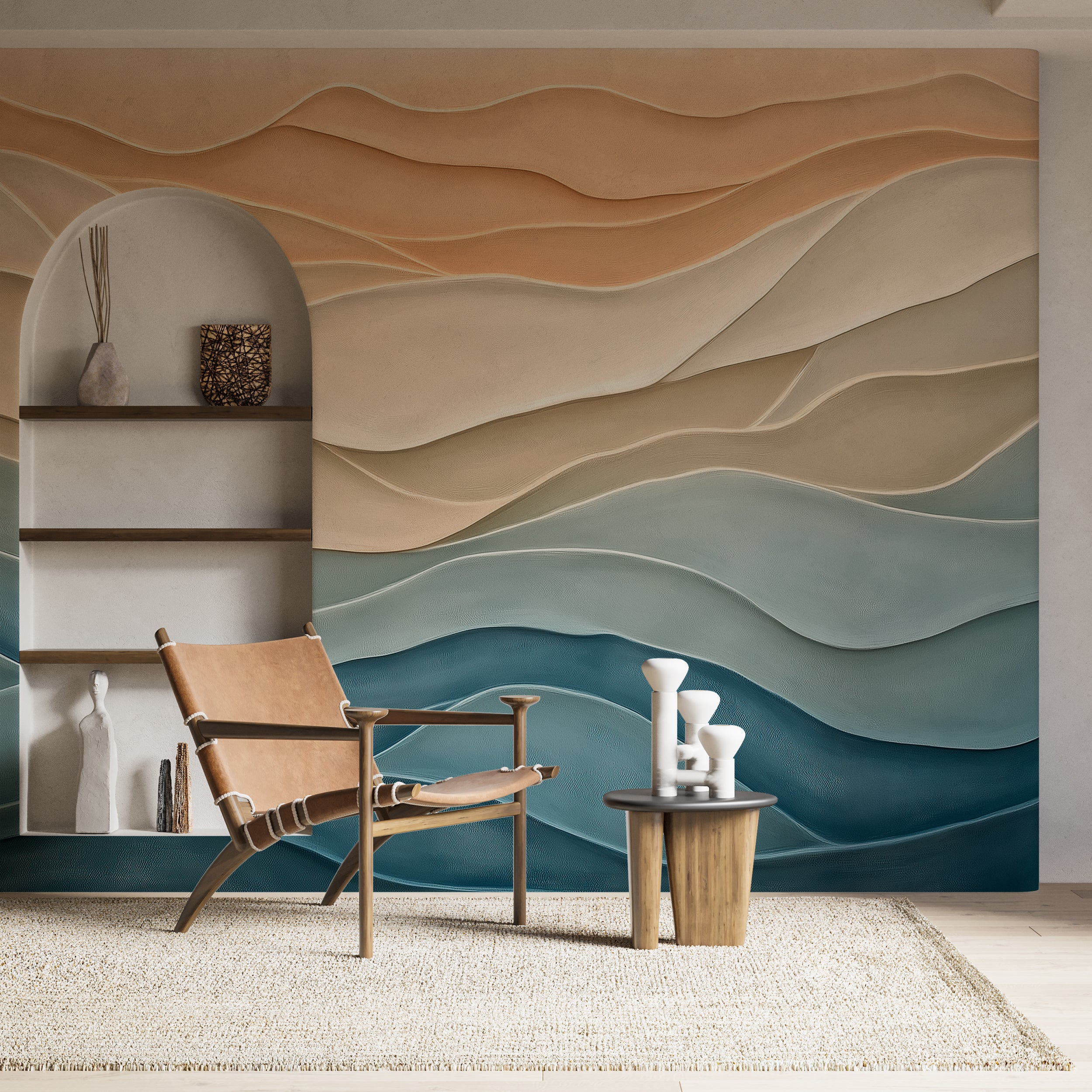 Blue and beige abstract pattern wallpaper.
Removable wavy geometry mural.