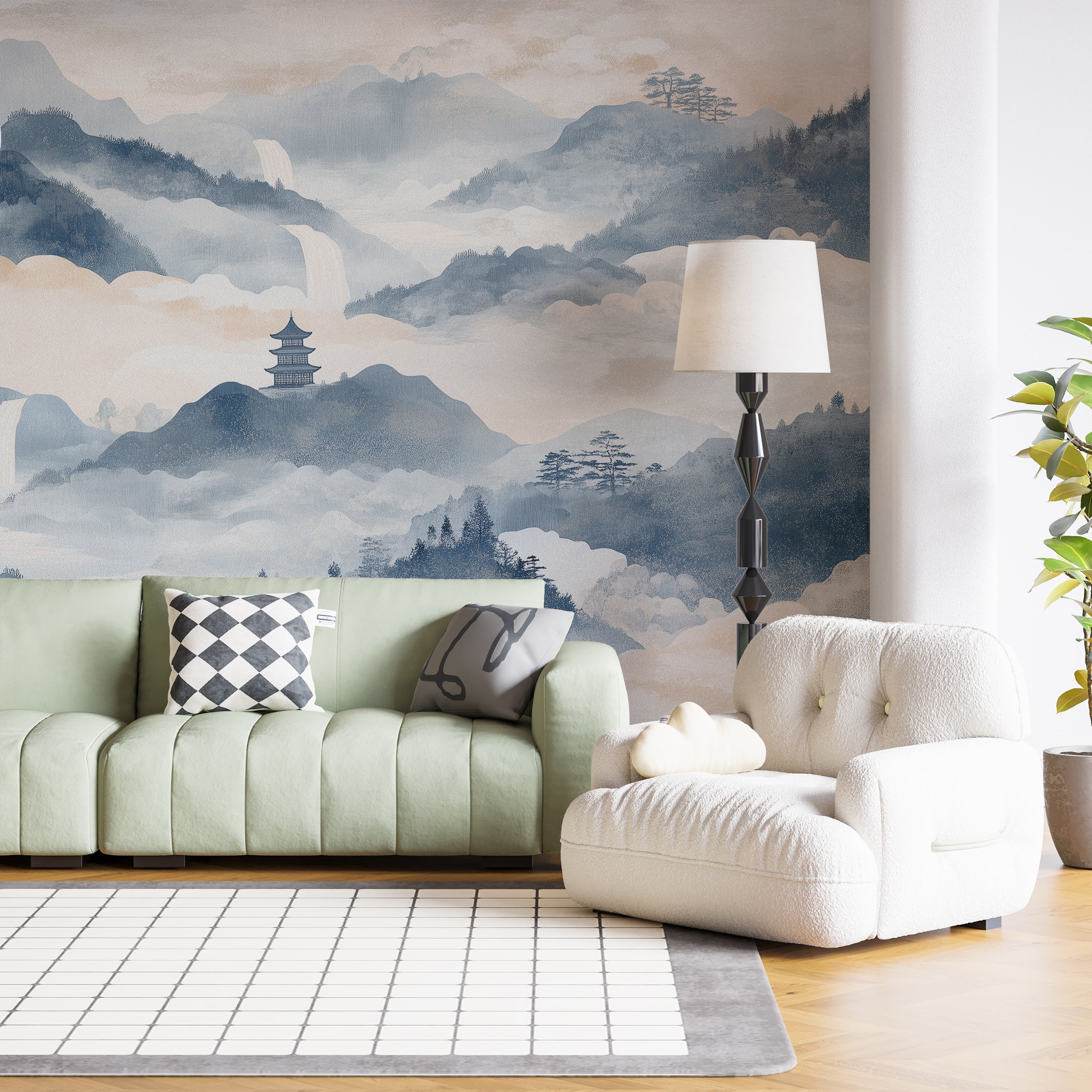 Soft blue and white landscape mural.
Chinese mountains wallpaper.