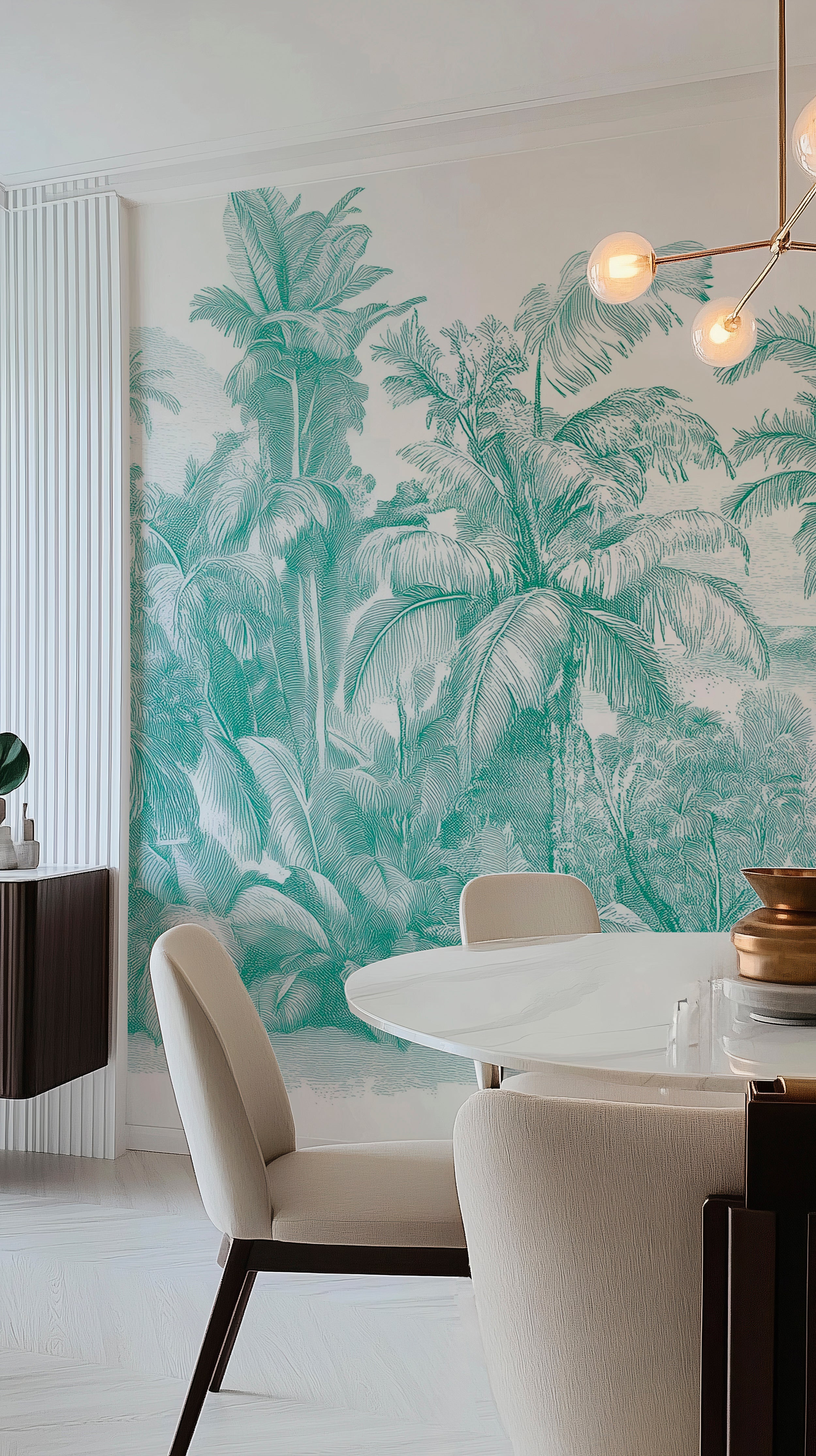 Elegant toile-style tropical mural.
Subtle green plants and trees wallpaper.
