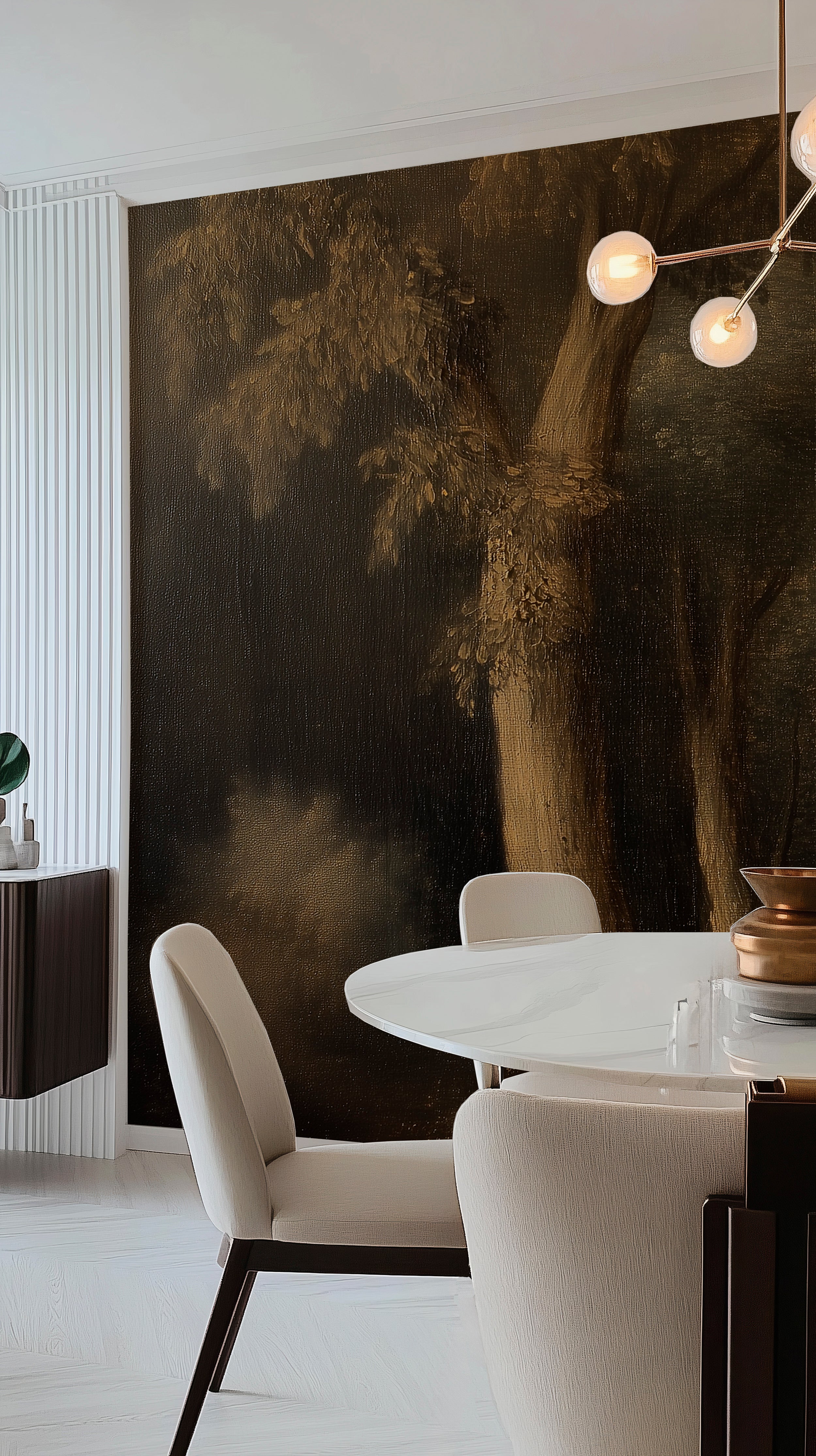 Serene yet dramatic rural tree wallpaper.
Timeless moody forest landscape mural.