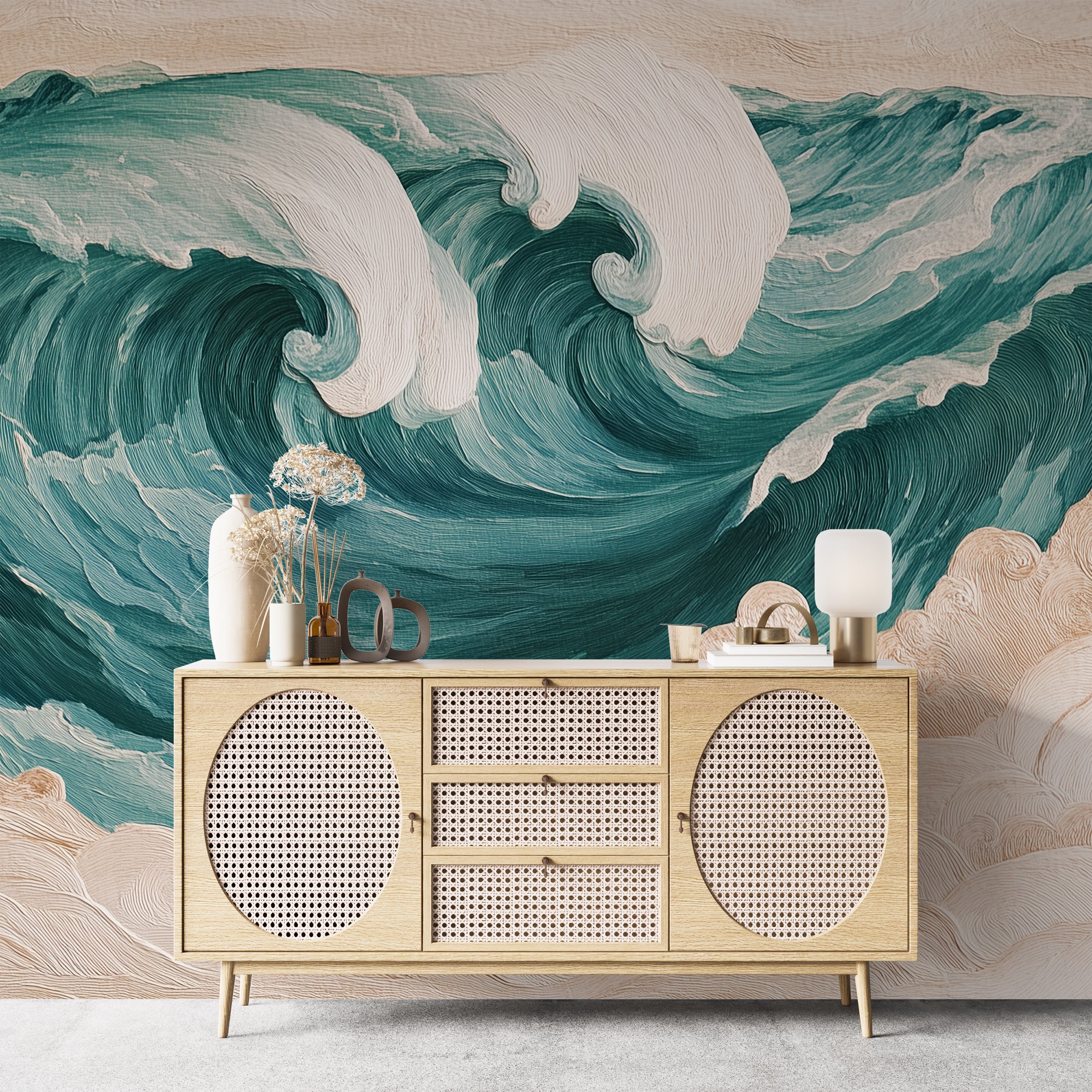 Serene ocean waves wall art.
Coastal themed peel-and-stick mural.