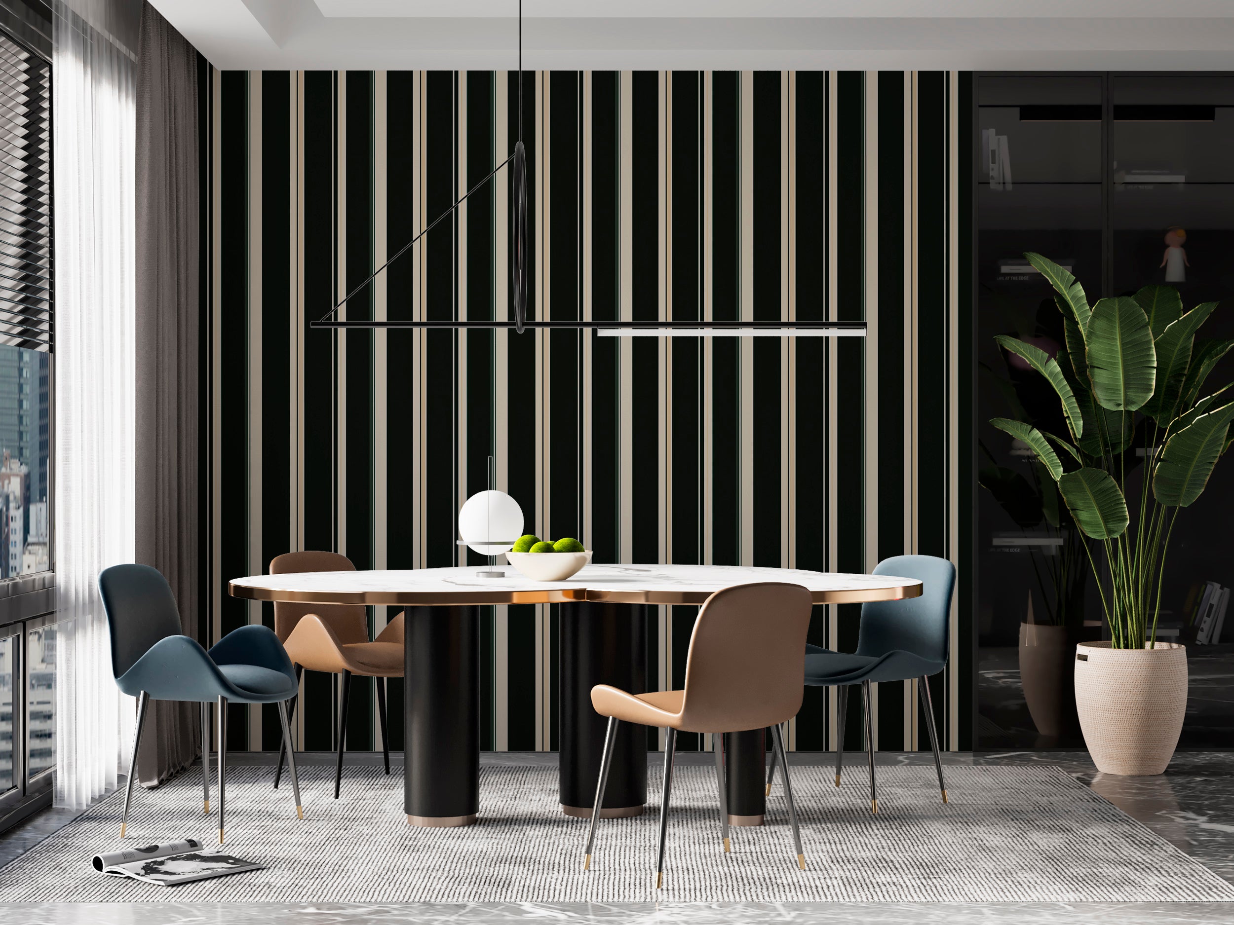Neutral-toned modern interior wallpaper.
Timeless vertical stripe wall covering.
