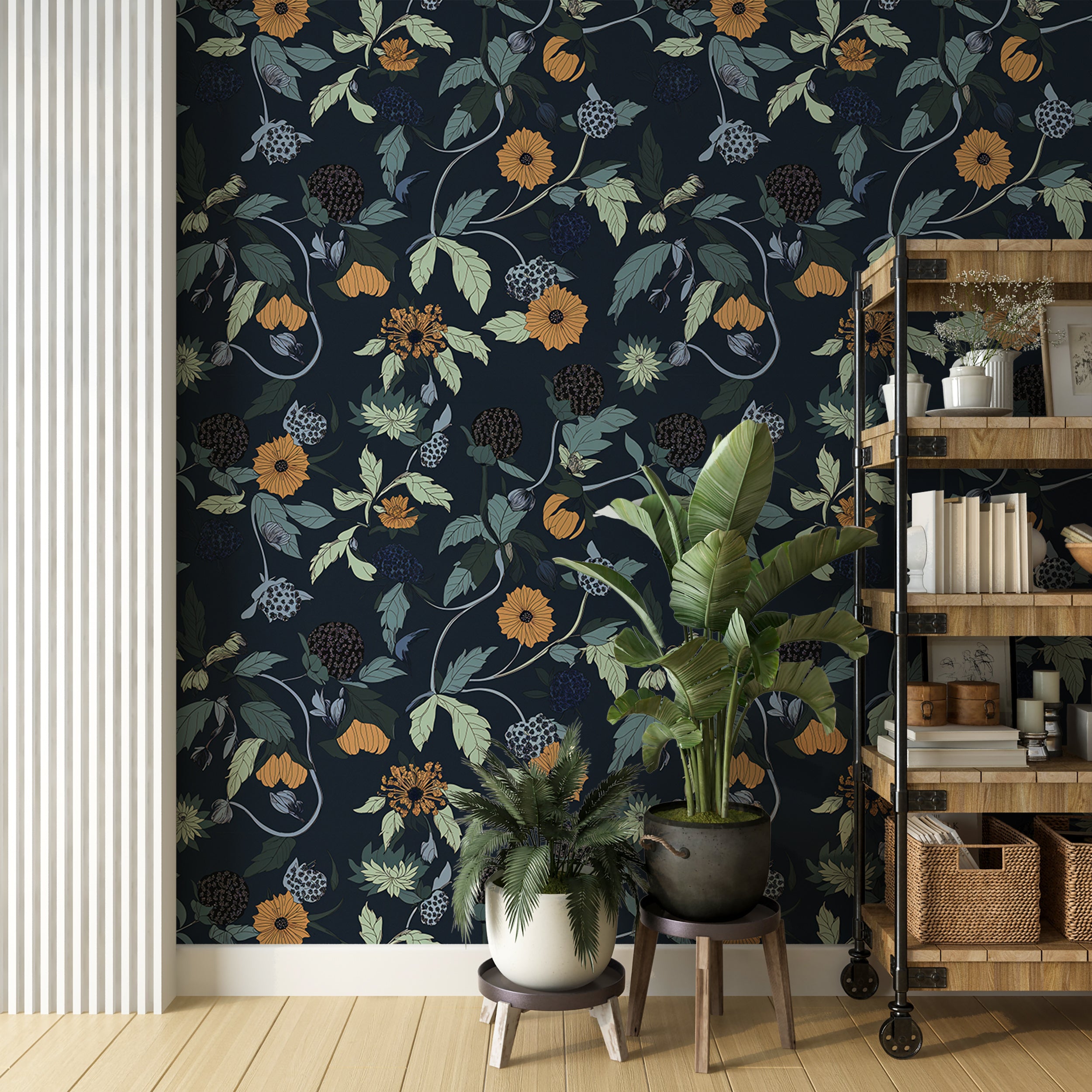 Modern floral wall decor for living room.
Removable berry and flower wallpaper.