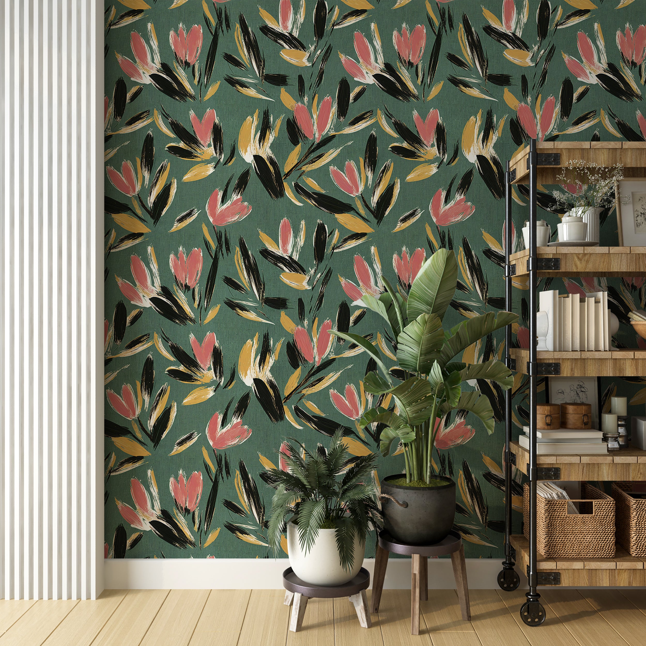 Abstract nature-inspired wallpaper.
Modern flower design peel-and-stick wall decor.