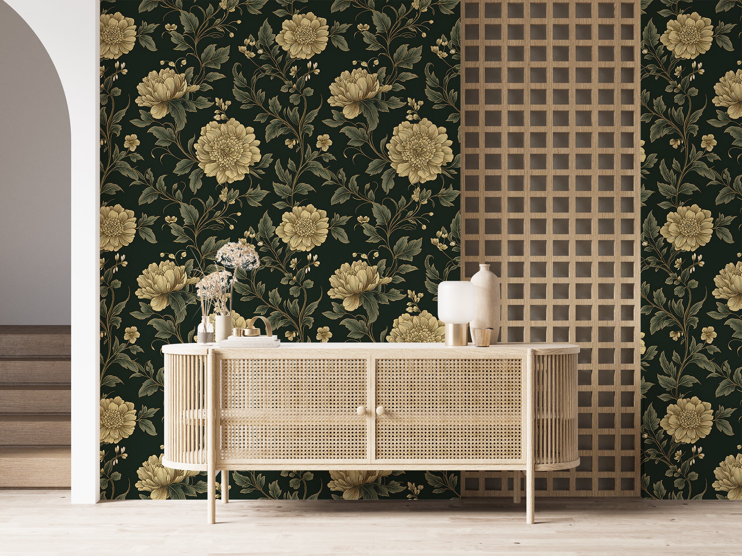 Vintage dark floral wallpaper with peonies.
Antique floral wall mural with botanical design.