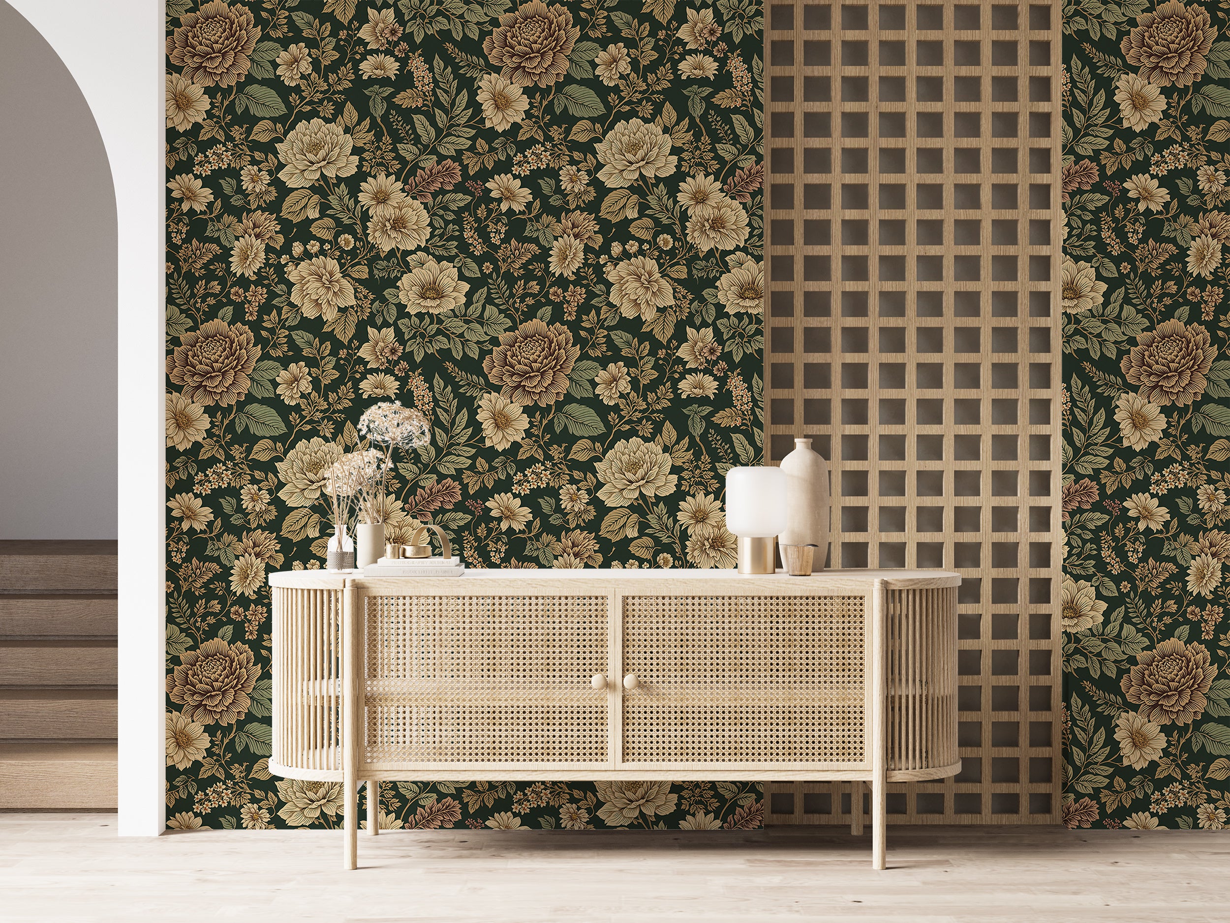 Classic floral wall covering with peonies.
Removable floral wallpaper for home decor.