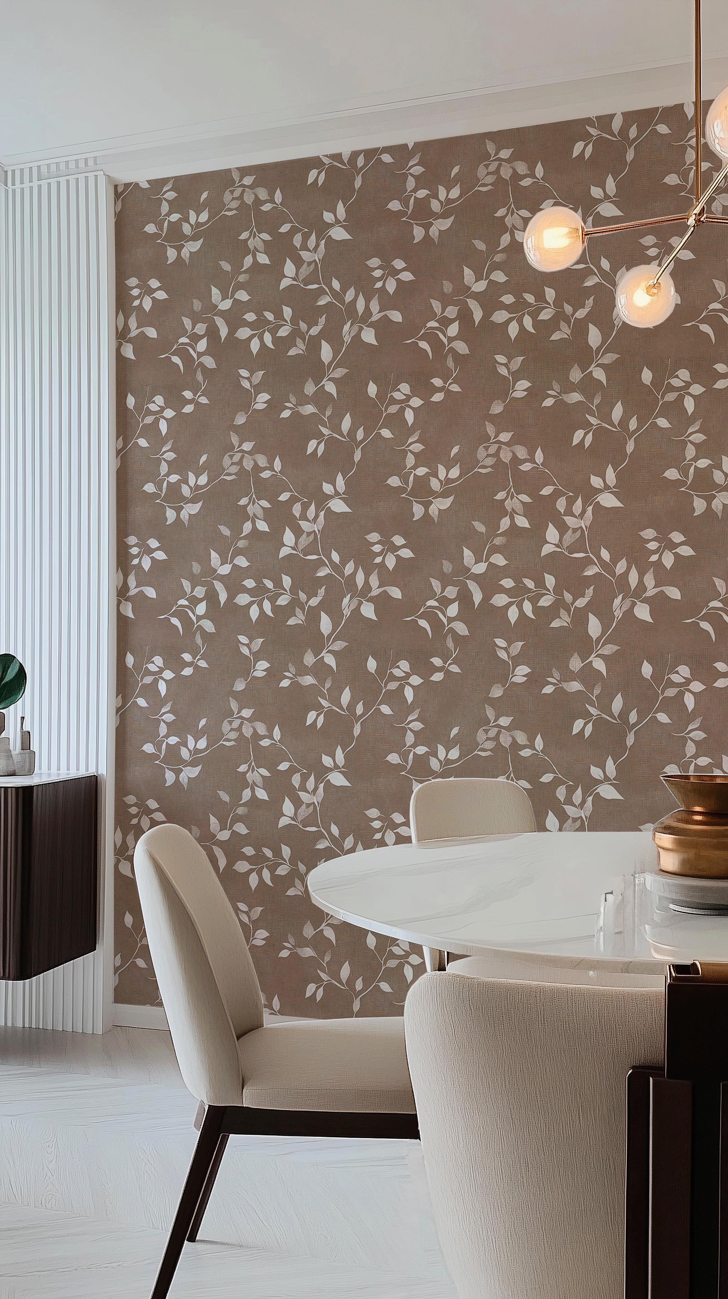 Textured background with minimalist leaves.
White leaf design on brown wallpaper.