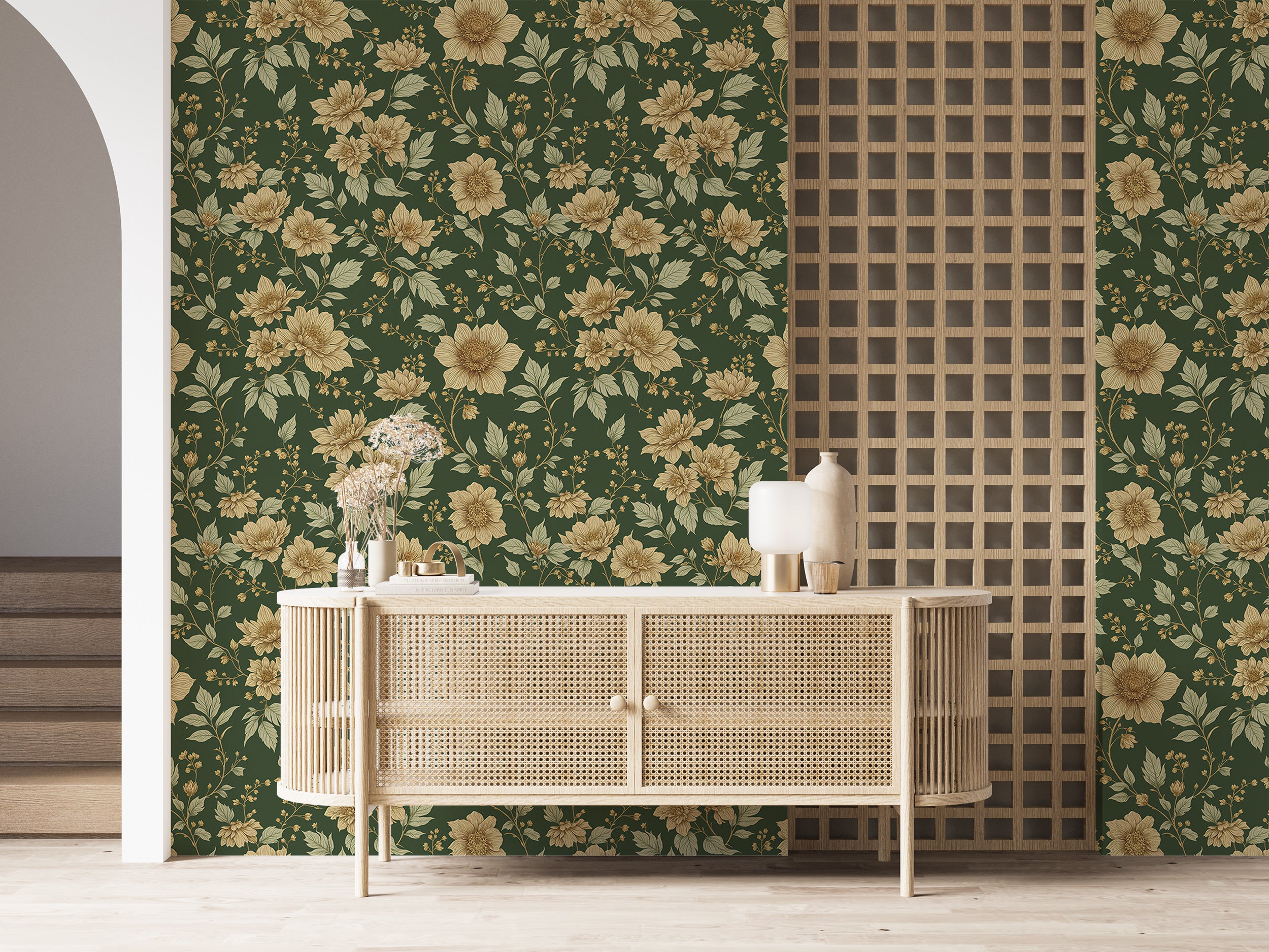 Vintage-inspired flower wallpaper.
Botanical and peony wall covering.