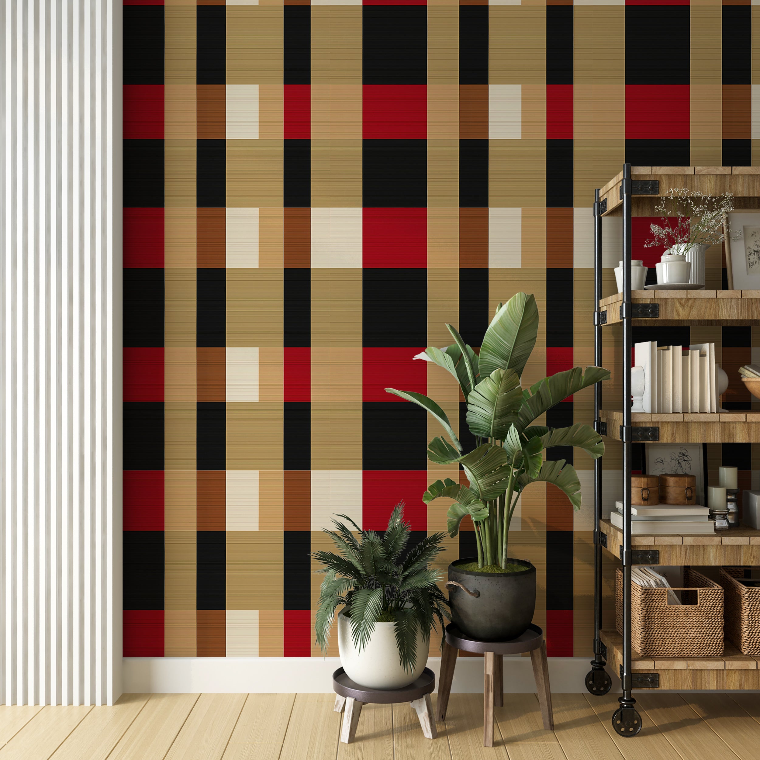 Contemporary geometric wallpaper for rooms.
Removable plaid wallpaper for modern interiors.