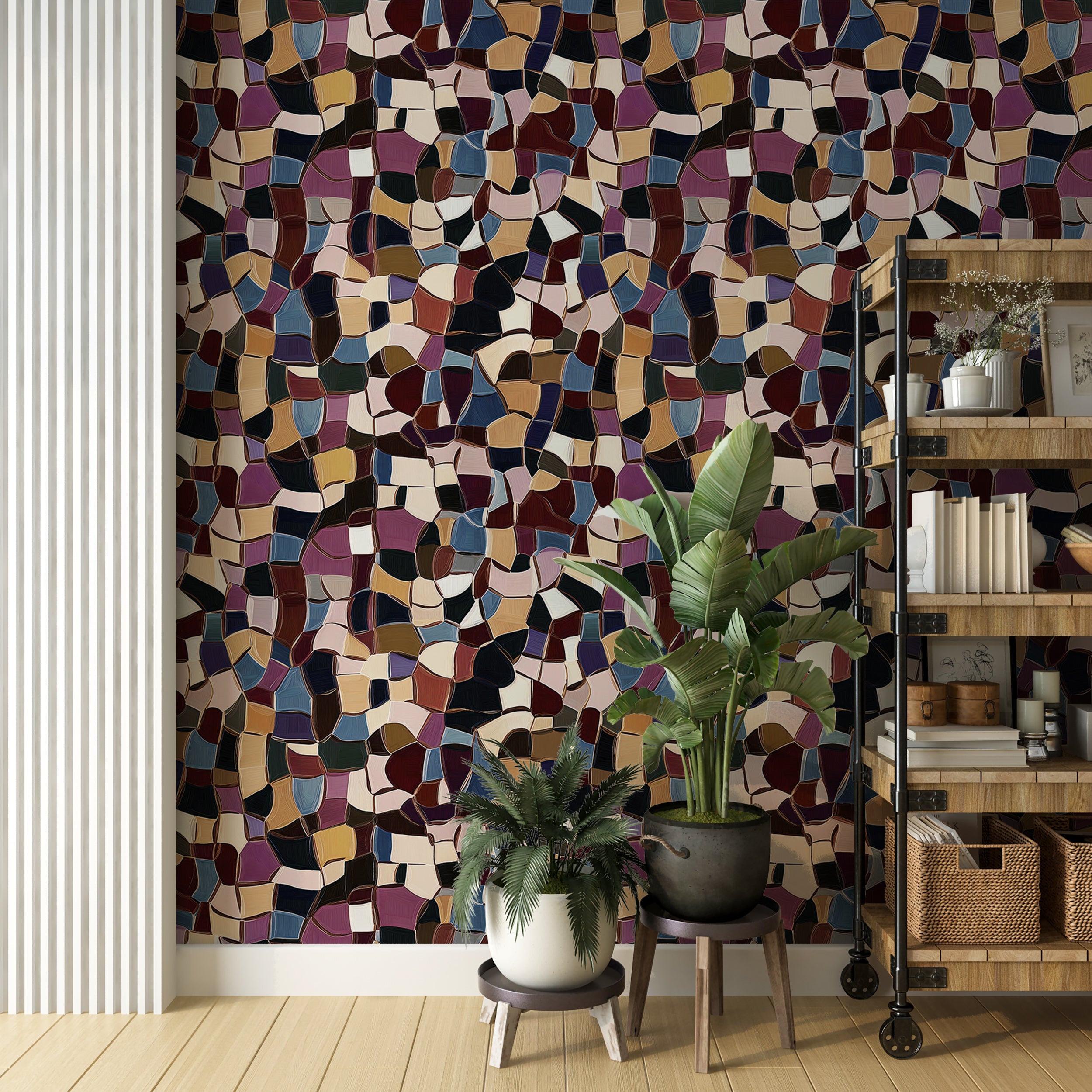 Bright and colorful mosaic wallpaper.
Peel-and-stick mosaic glass wall covering.