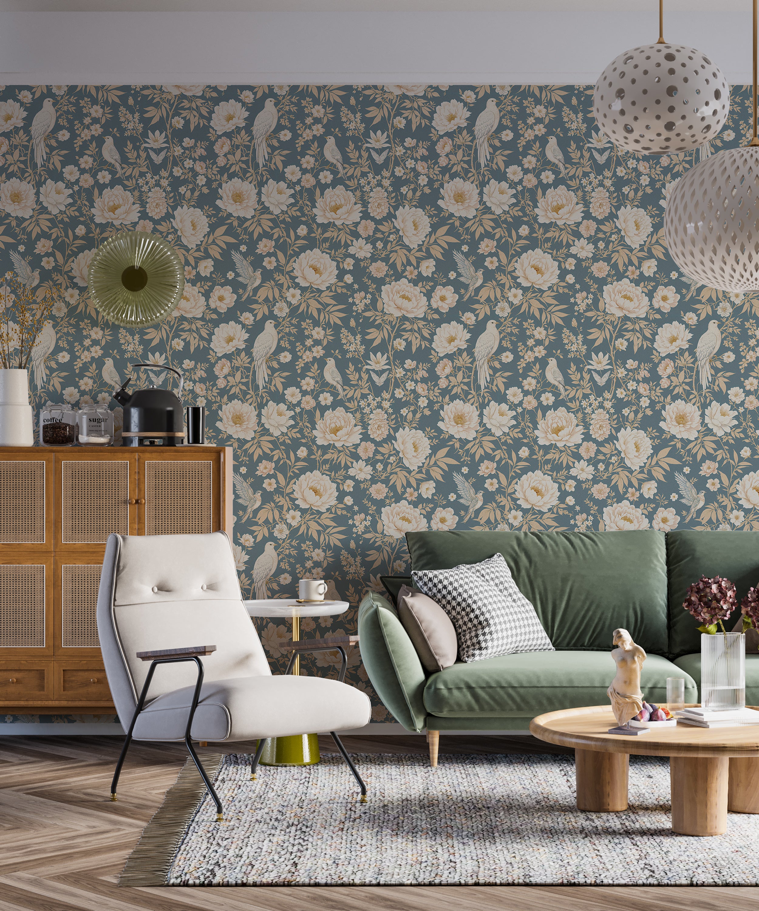 Timeless baby blue chinoiserie wall art.
Soft watercolor floral mural for interiors.
