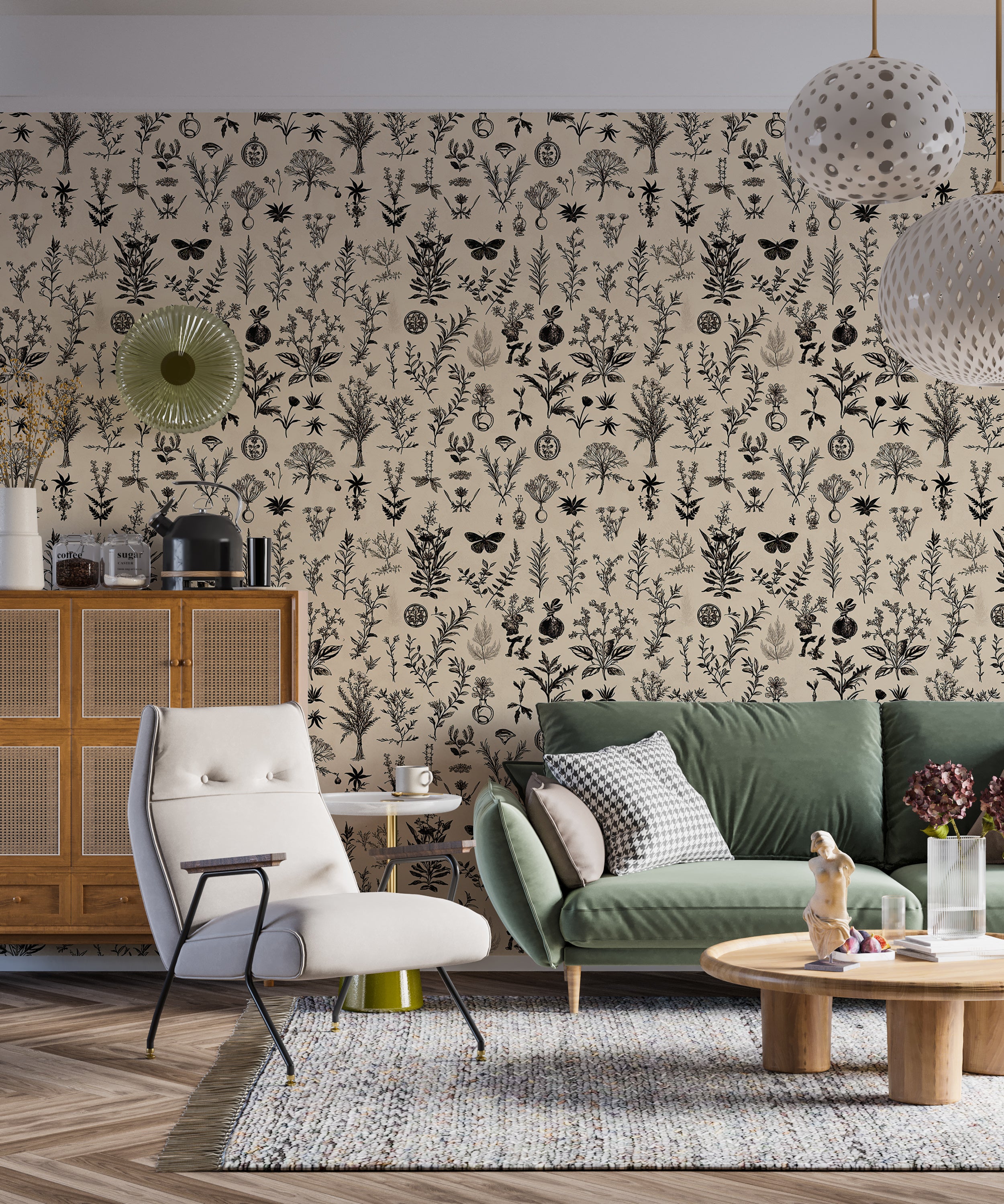 Spiritual and botanical wallpaper for homes.
Herb and celestial motifs wall mural.