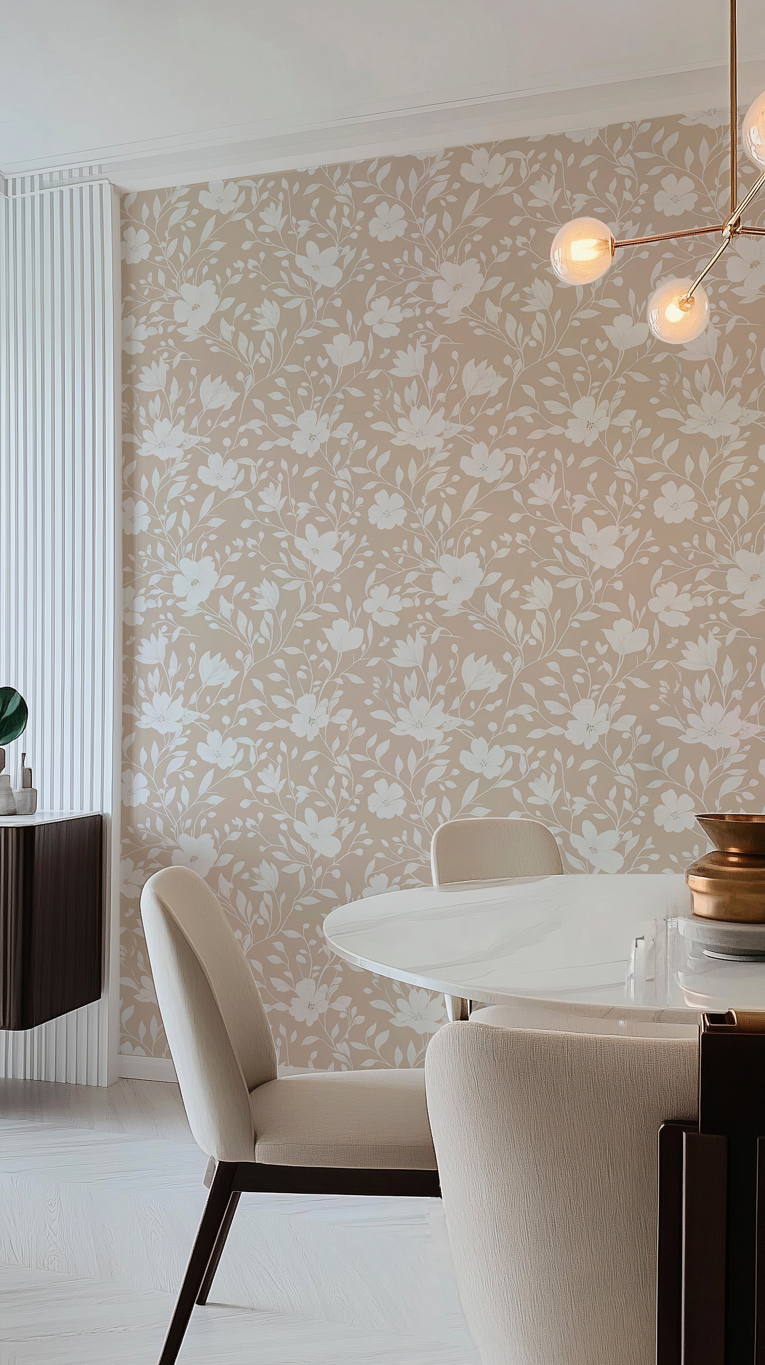 Beige and white minimalist floral wall covering.
Simple, modern floral peel-and-stick wallpaper.