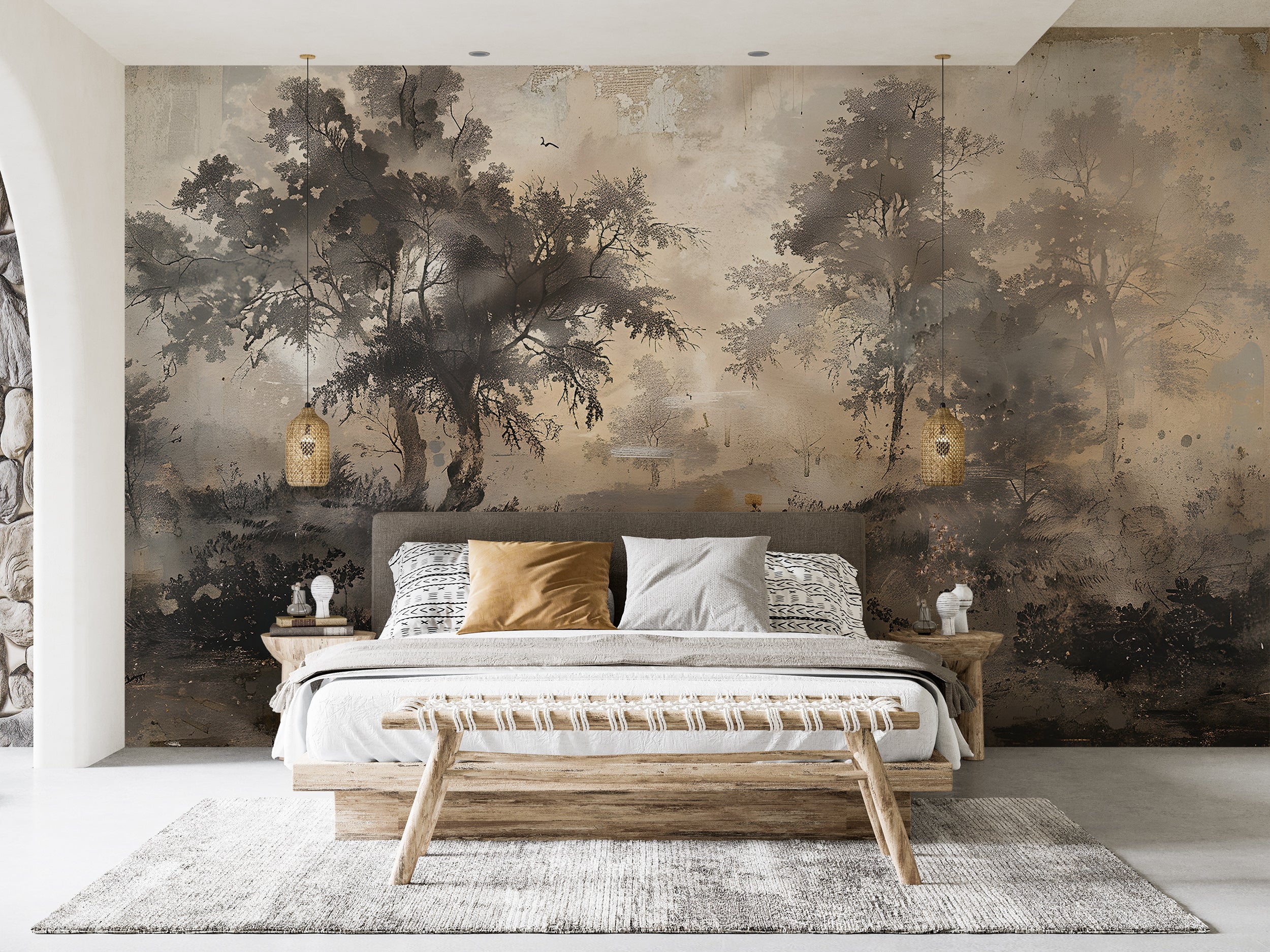 Vintage Trees Peel and Stick Wallpaper Dark Beige Misty Landscape Wall Decor