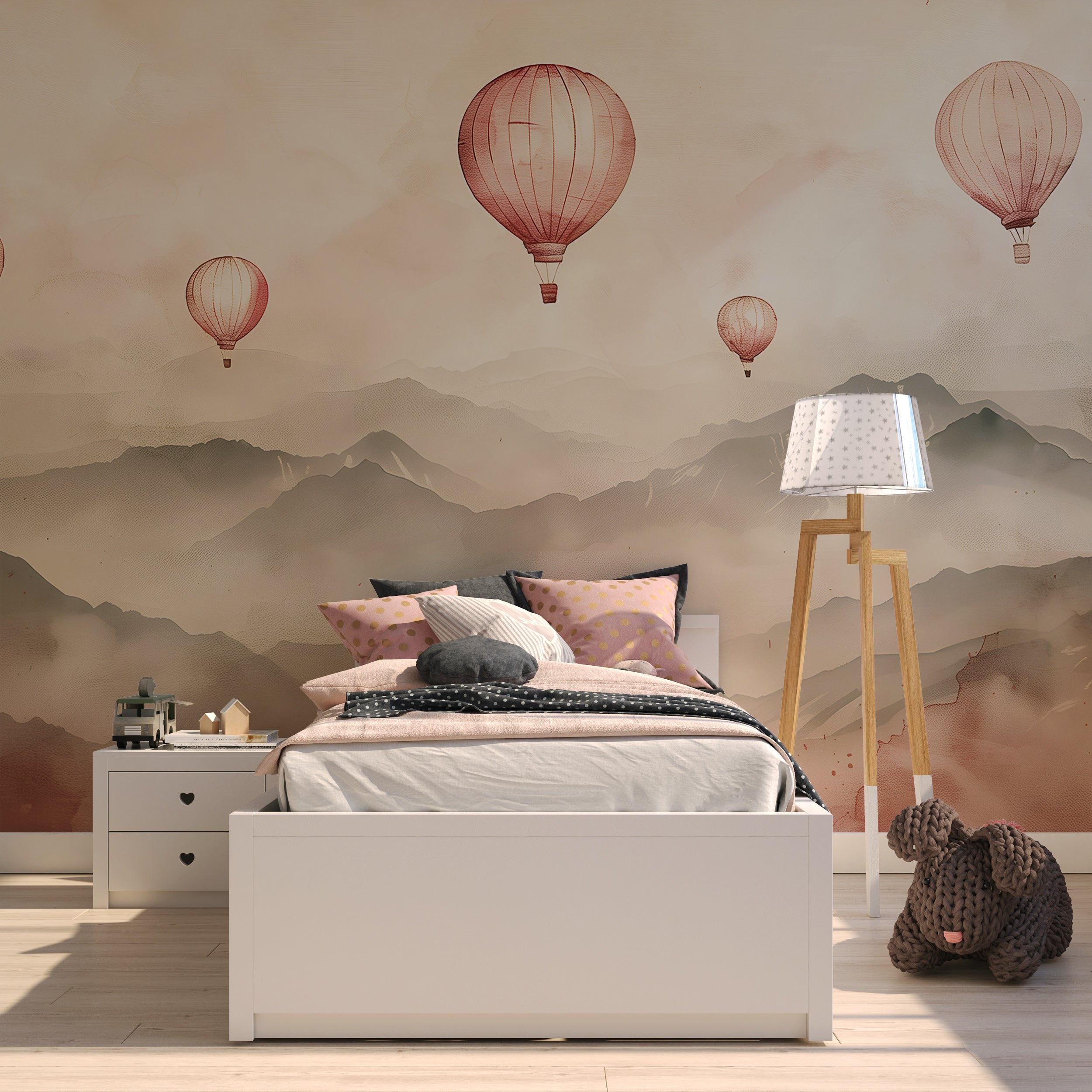Soft Pink Hot Air Balloons Mural, Watercolor Mountain Landscape Wallpaper, Hot Air Balloons over the Mountains Mural, Peel and Stick Nursery