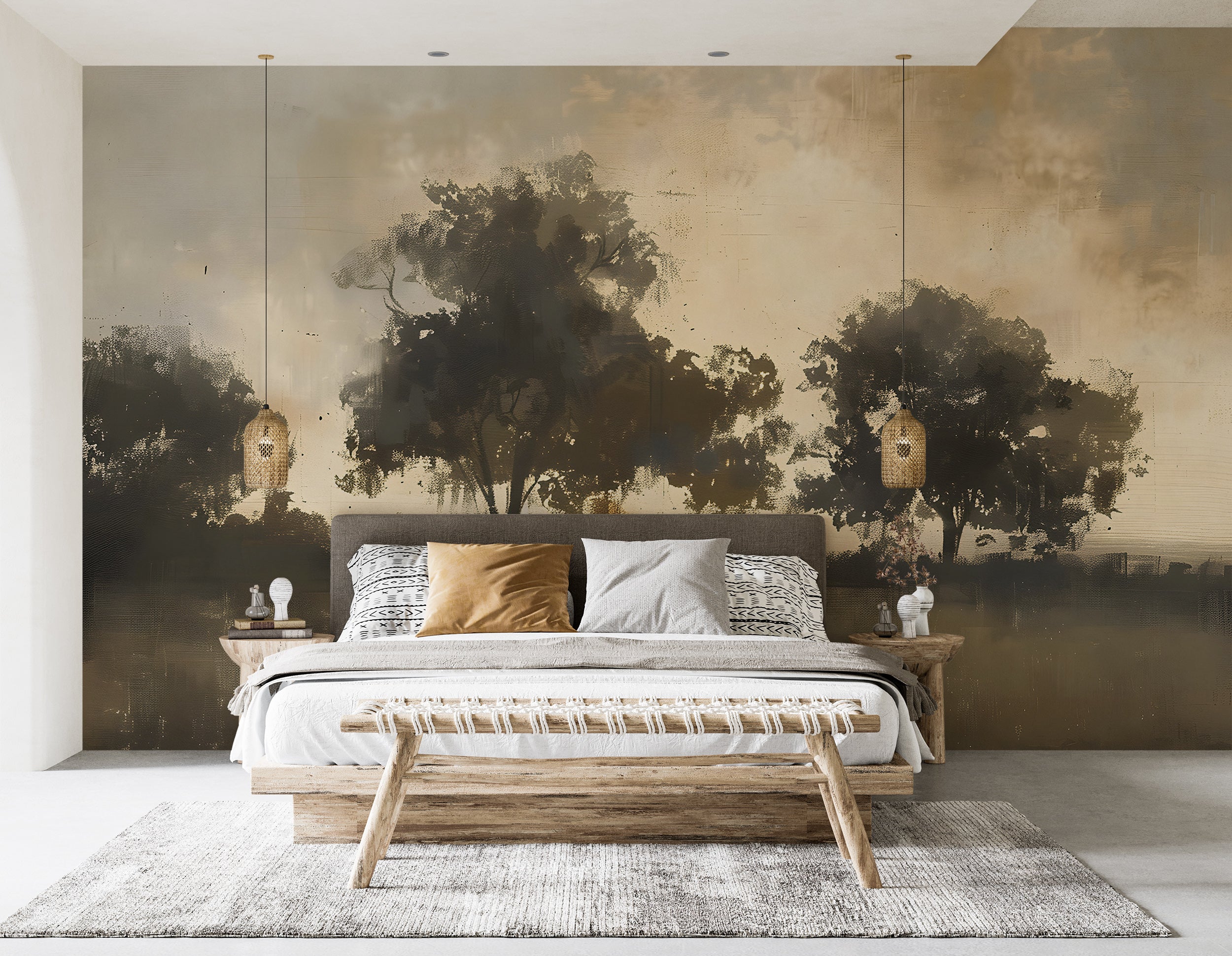 Rural trees wall mural Watercolor trees peel and stick wallpaper