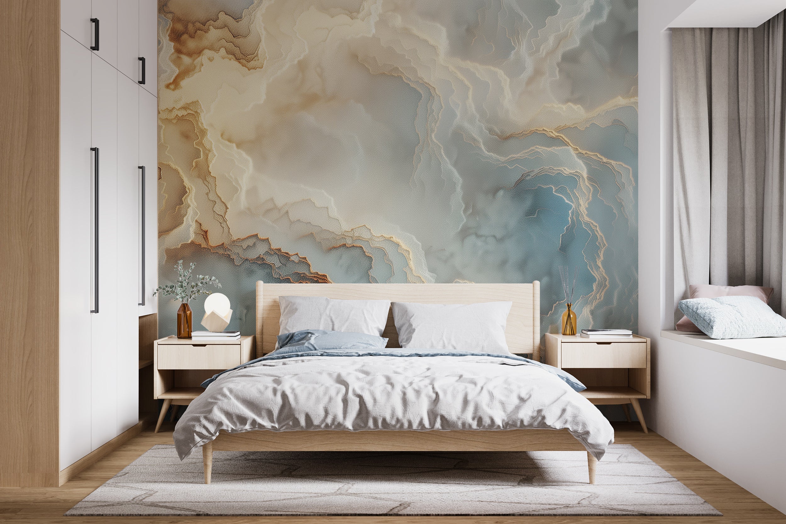 Removable blue marble wall art Gold and beige marble wallpaper