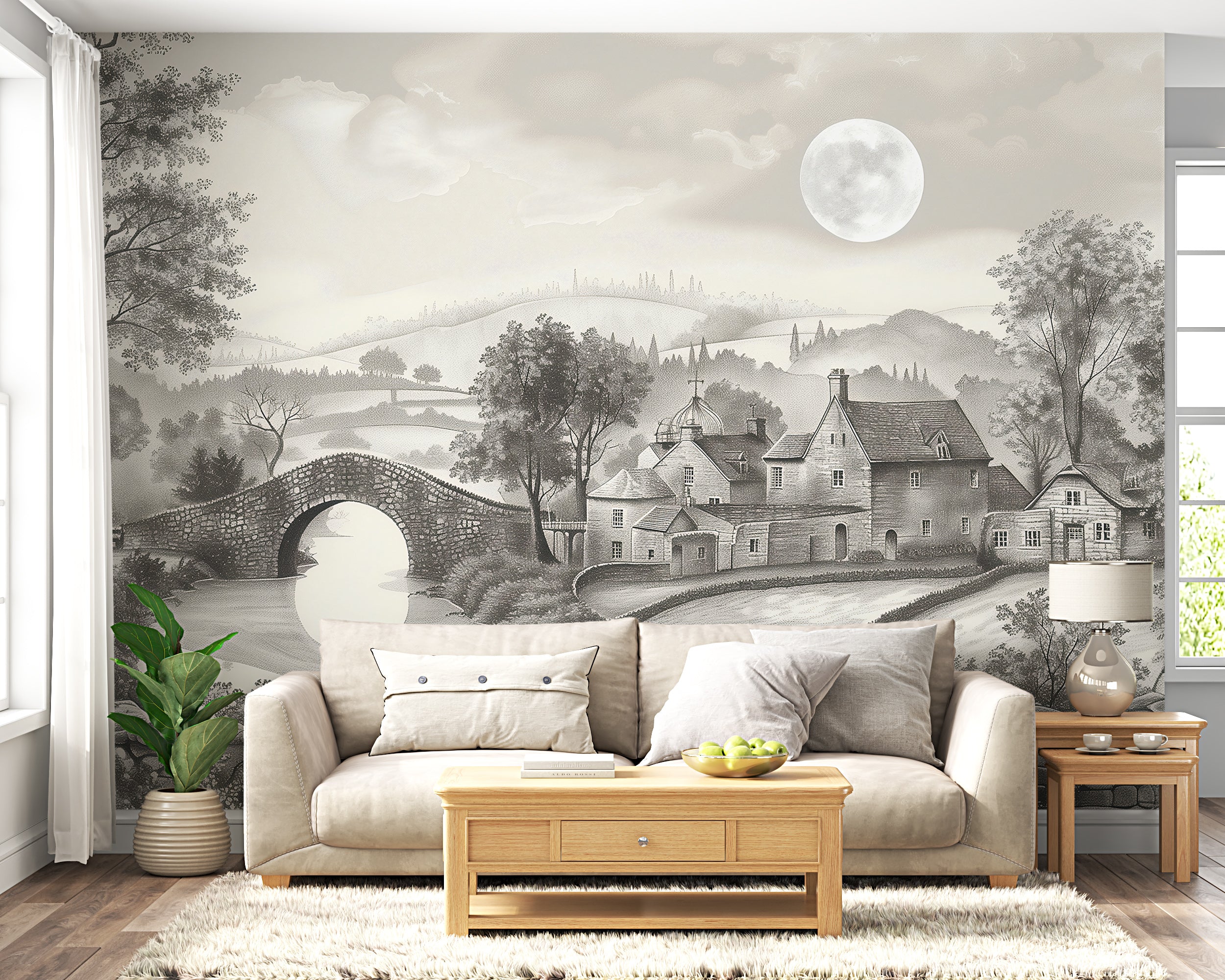 Rustic charm grey wallpaper Monochrome vintage bridge mural