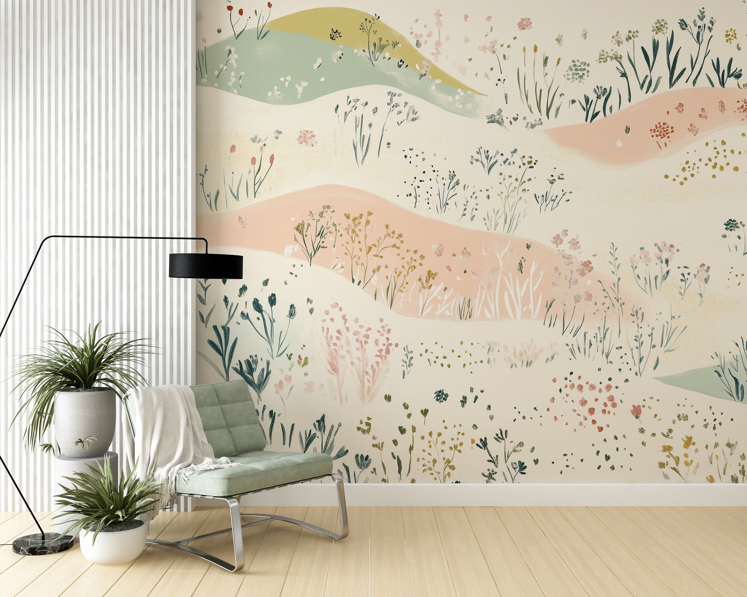 Abstract floral wallpaper with pastel meadow flowers.
Dreamy wildflower mural for nurseries and bedrooms.