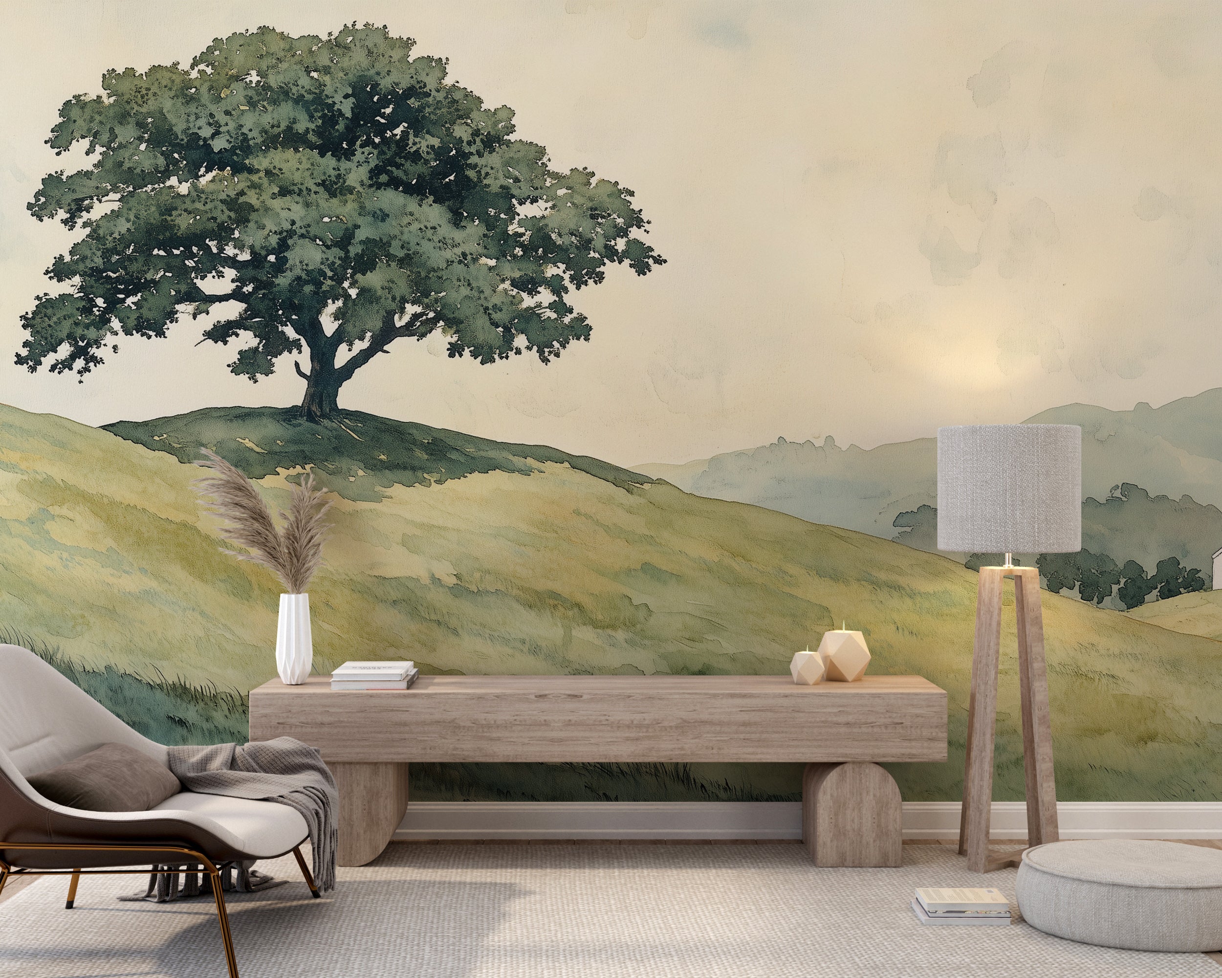 Vintage watercolor lonely tree mural for peaceful rooms.
Peel-and-stick tree and grass mural for serene decor.