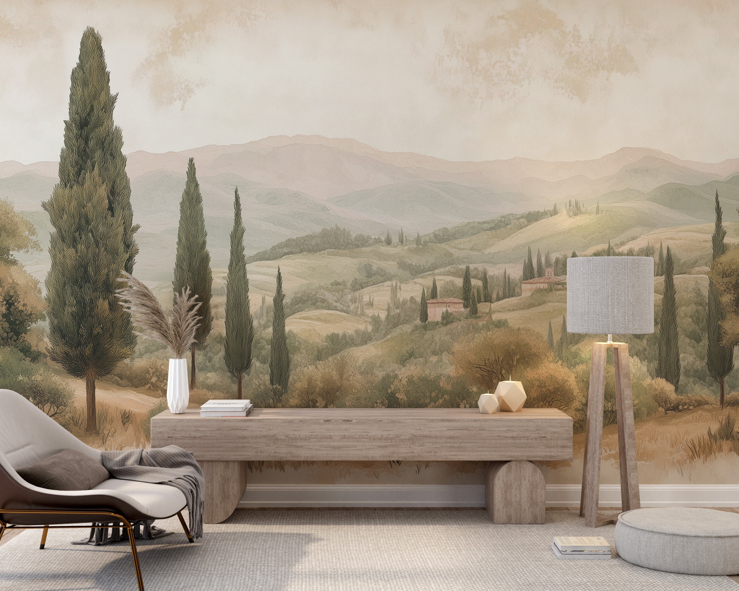 Vintage retro landscape wall mural for peaceful spaces.
Nostalgic scenic wallpaper with watercolor landscape design.