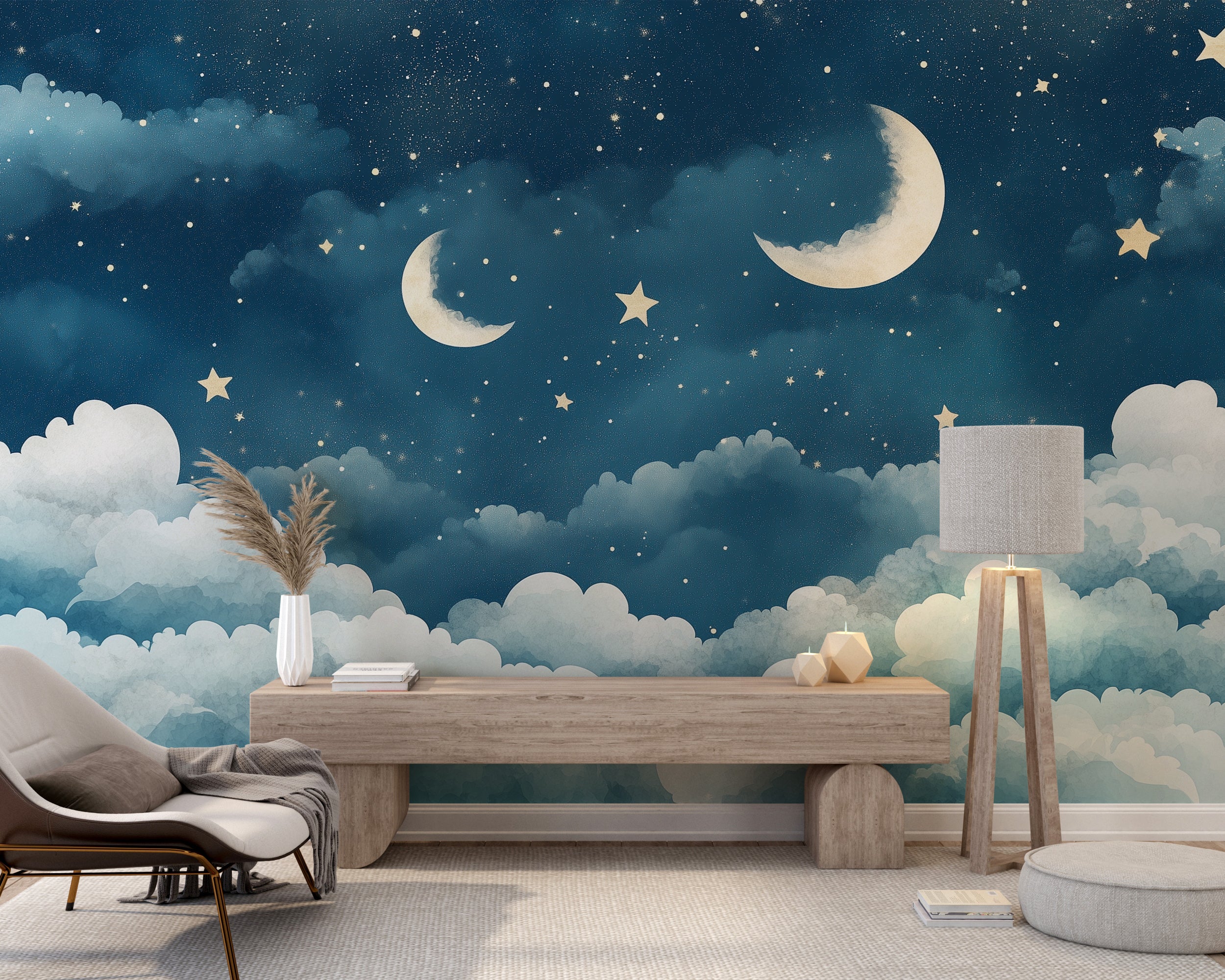 Watercolor crescent moon and stars wallpaper for nursery.
Soft blue and gray starry night mural for kidsā bedroom.
