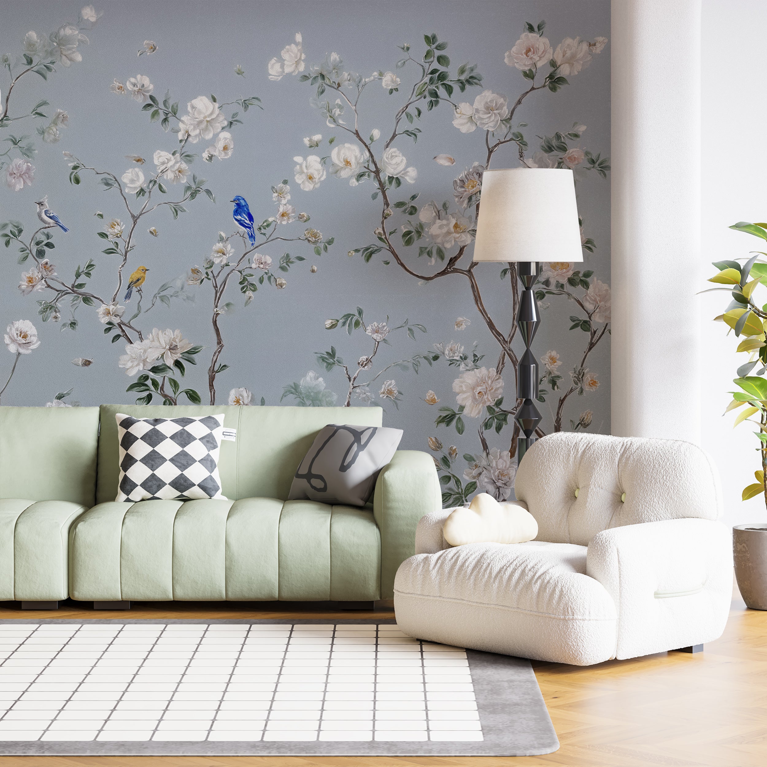 Soft botanical Asian wall art
Chinoiserie mural with watercolor birds and blooms