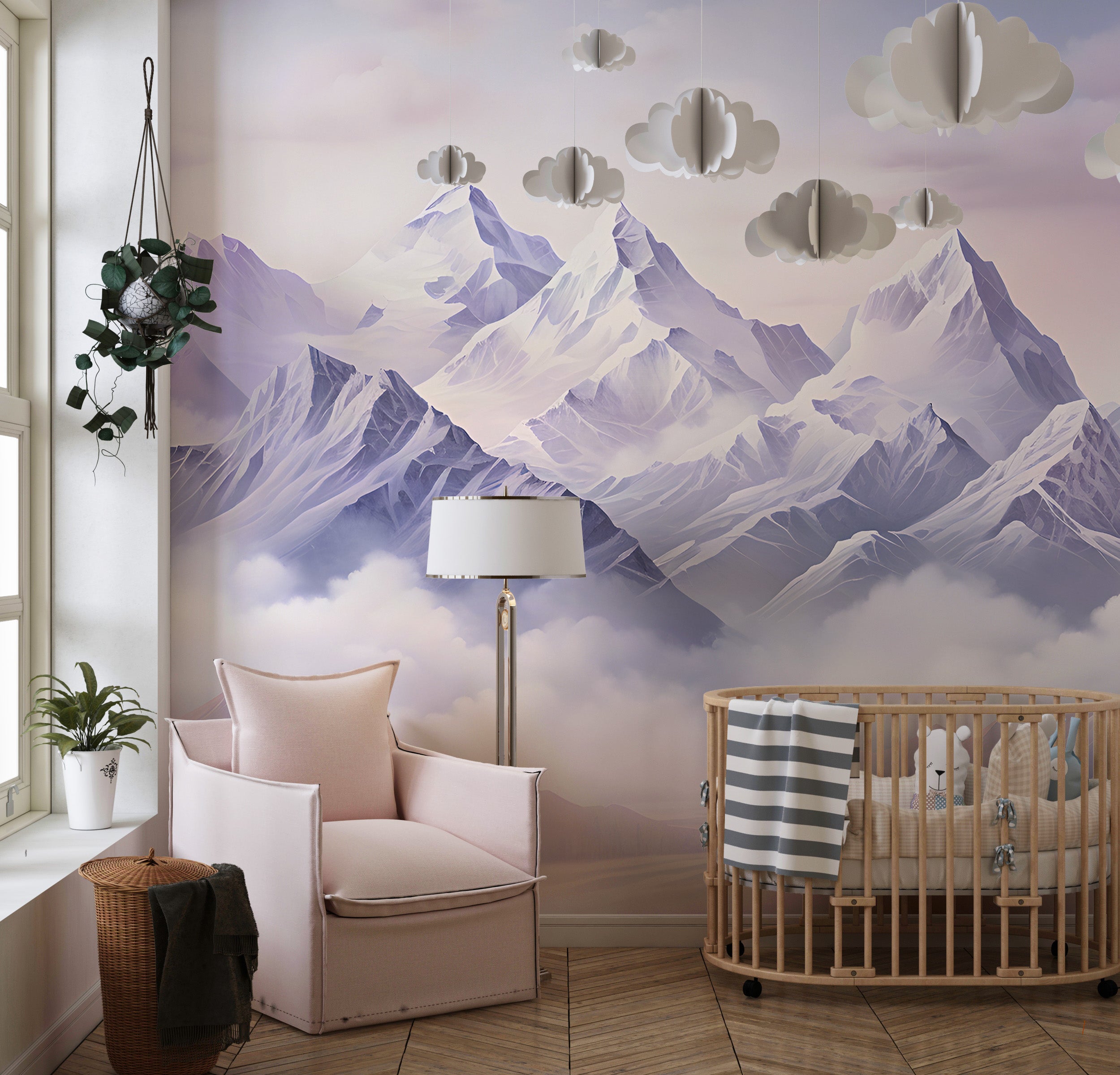 Purple Watercolor Mountain Nursery Wallpaper