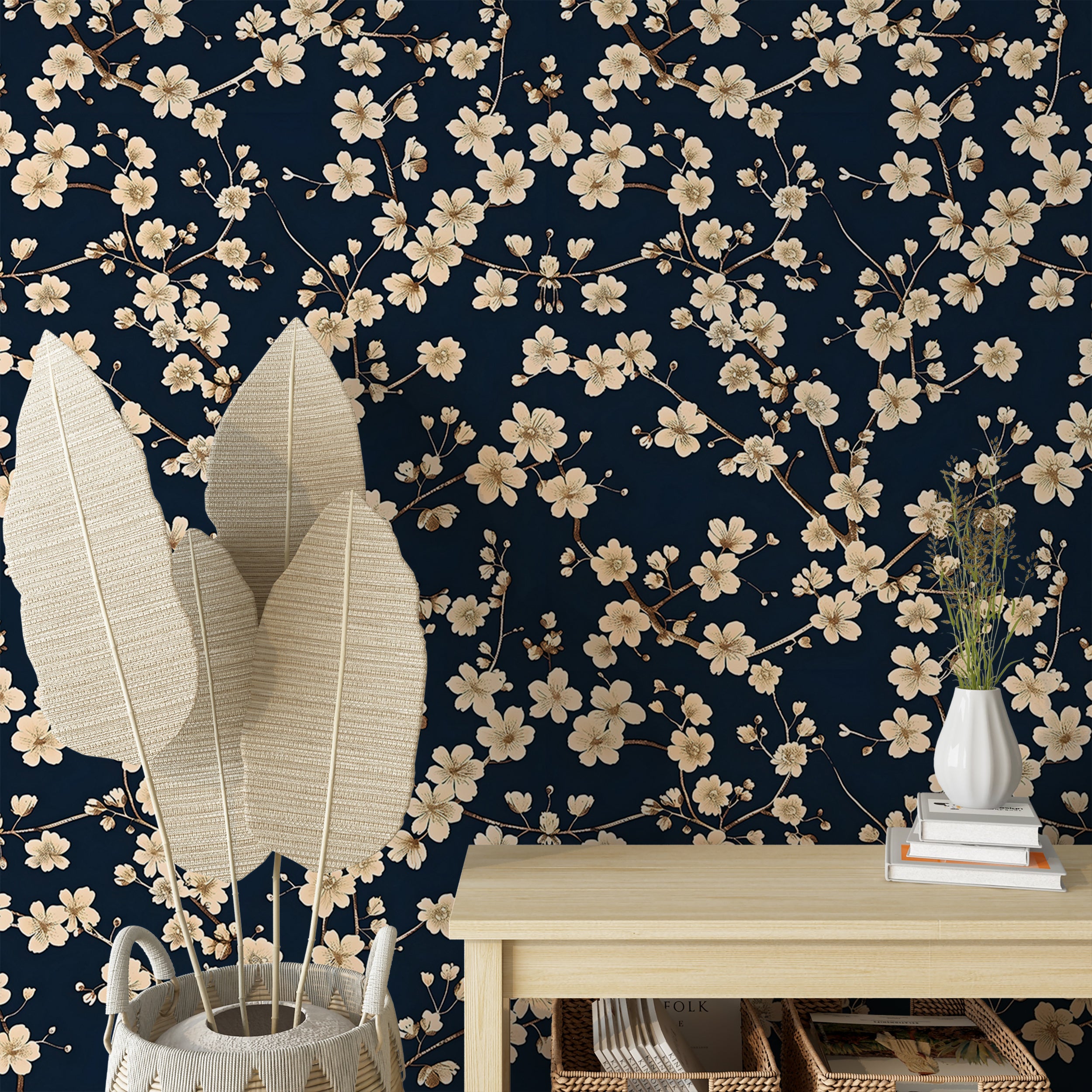 Beige Flowers on Navy Blue Background Peel and Stick Wallpaper Dark Blue Floral Removable Wallpaper