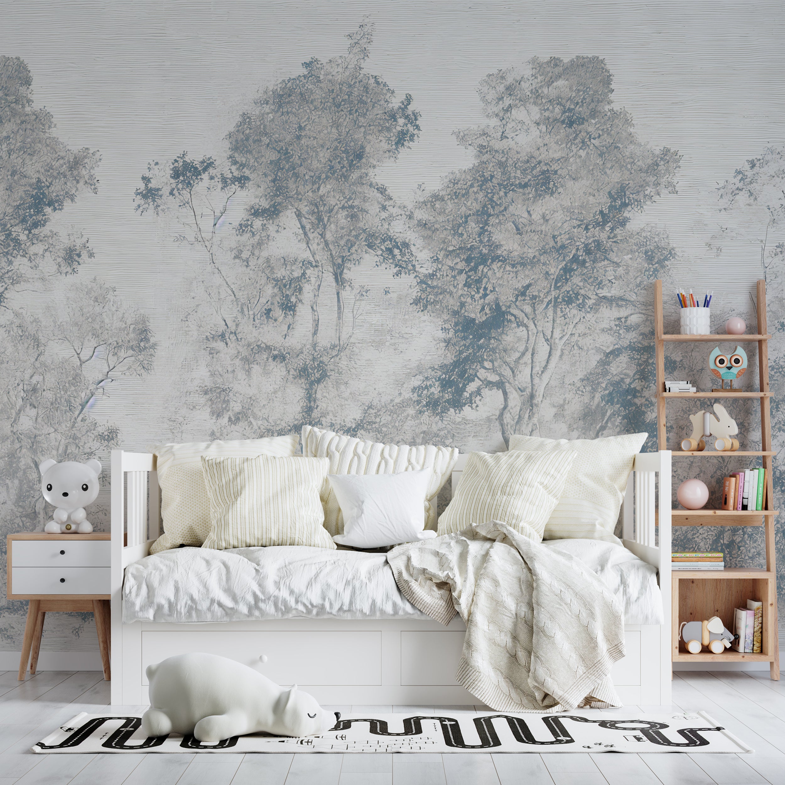 Sepia and white forest wall art
Peel and stick grey woodland wallpaper