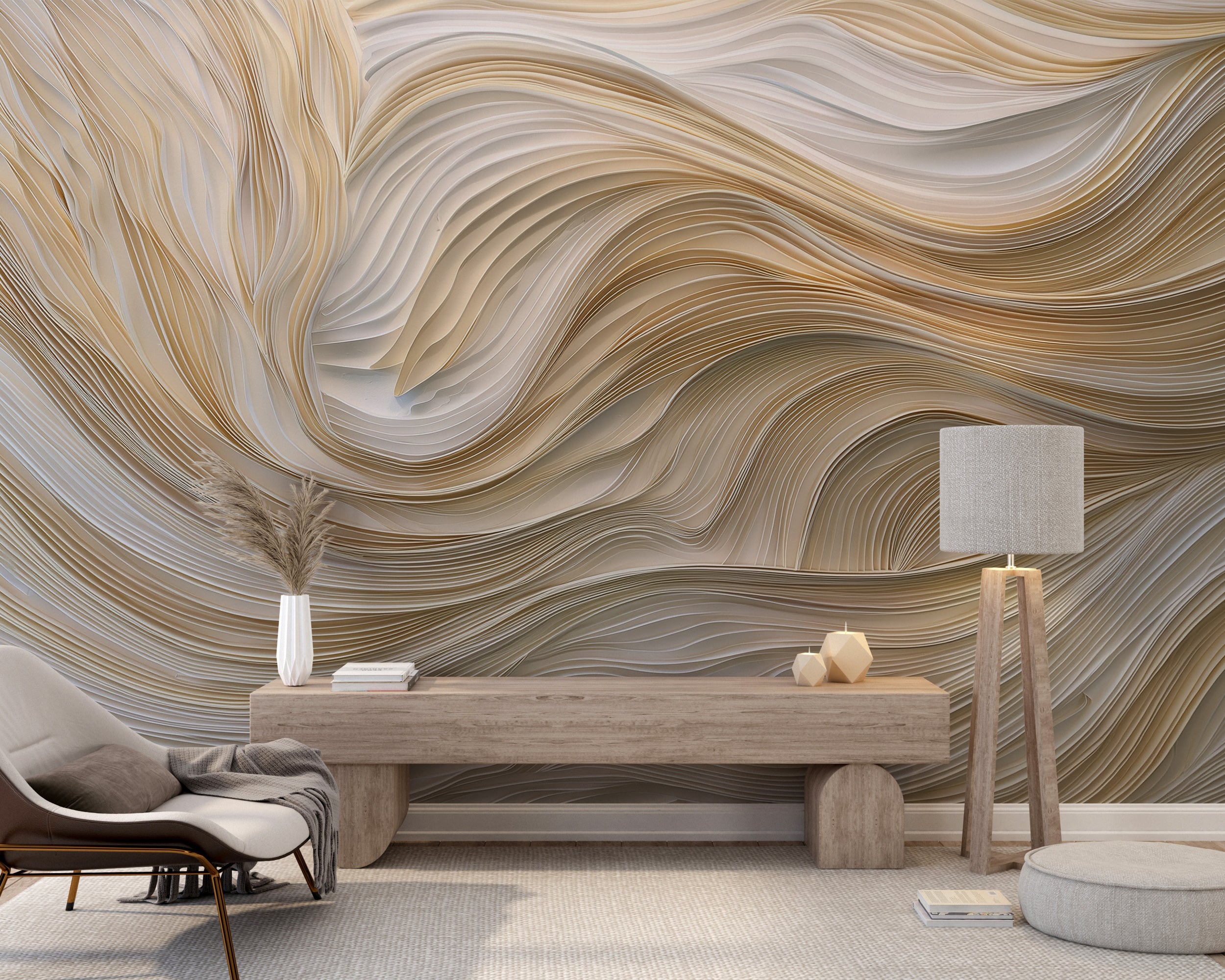 Beige curved paper line wallpaper
Subtle tone-on-tone line art mural