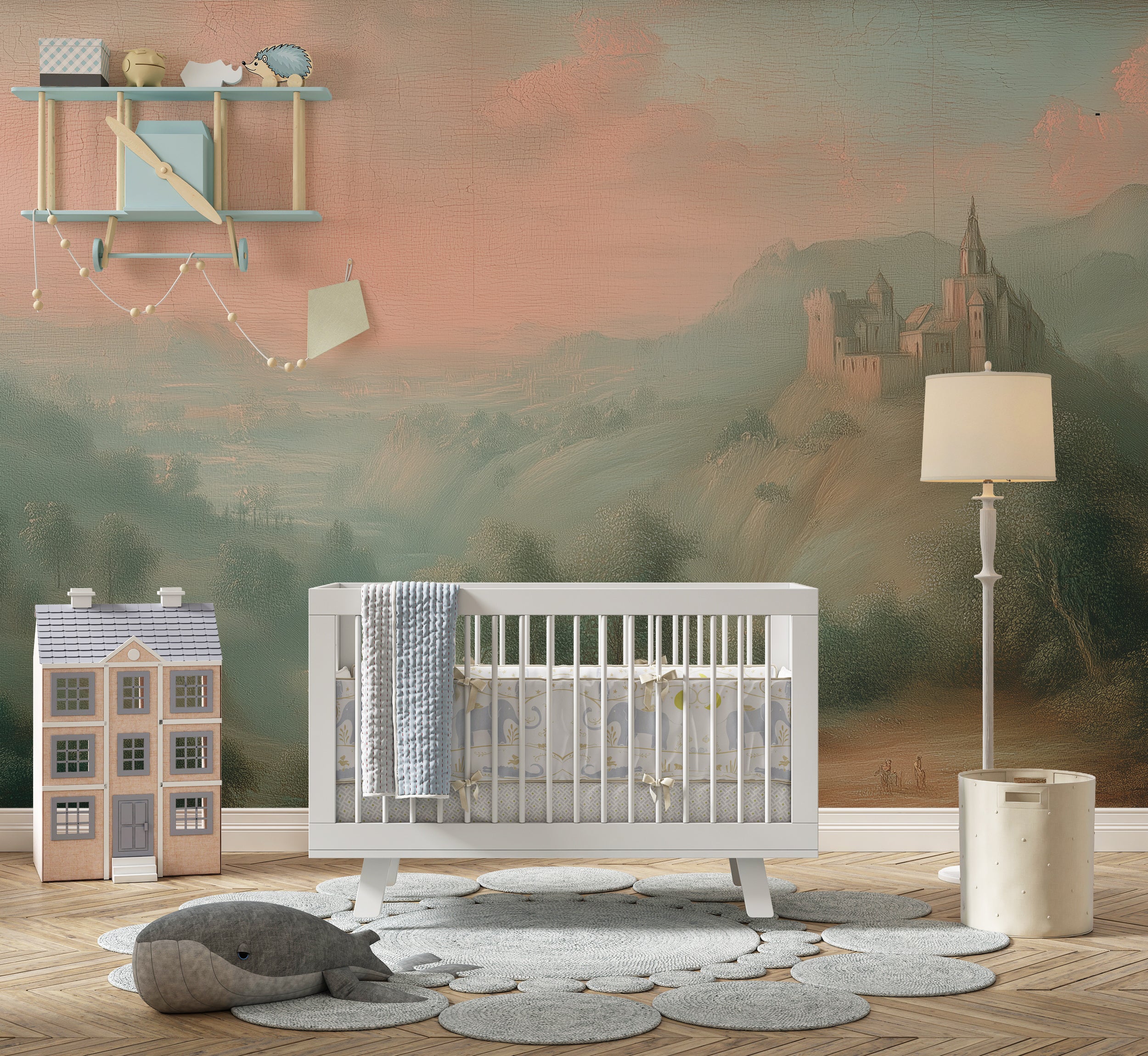 Timeless vintage scenic wall mural
Sunset over fields and tower wallpaper