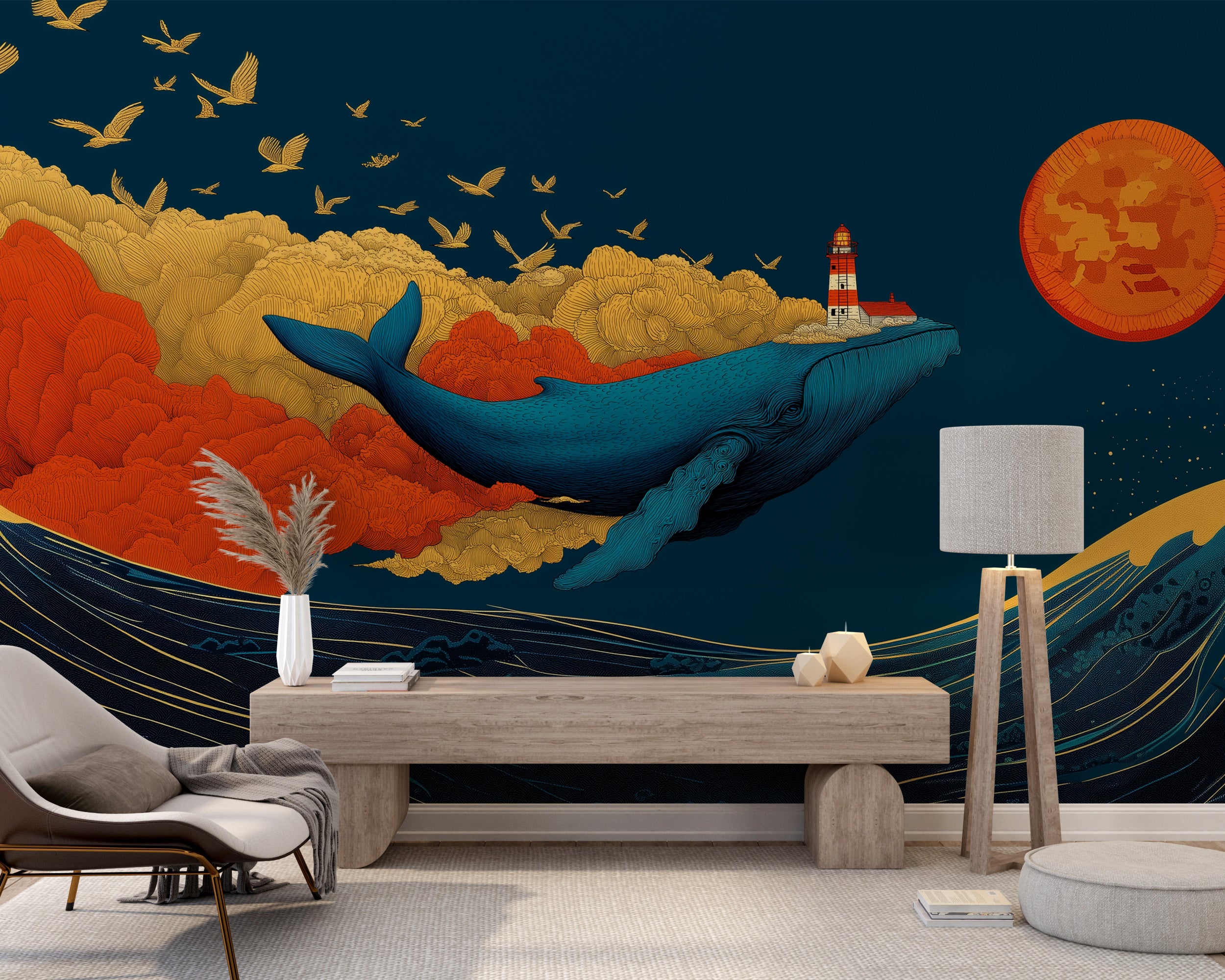 Sunset tones sea mural
Modern nursery whale wall art