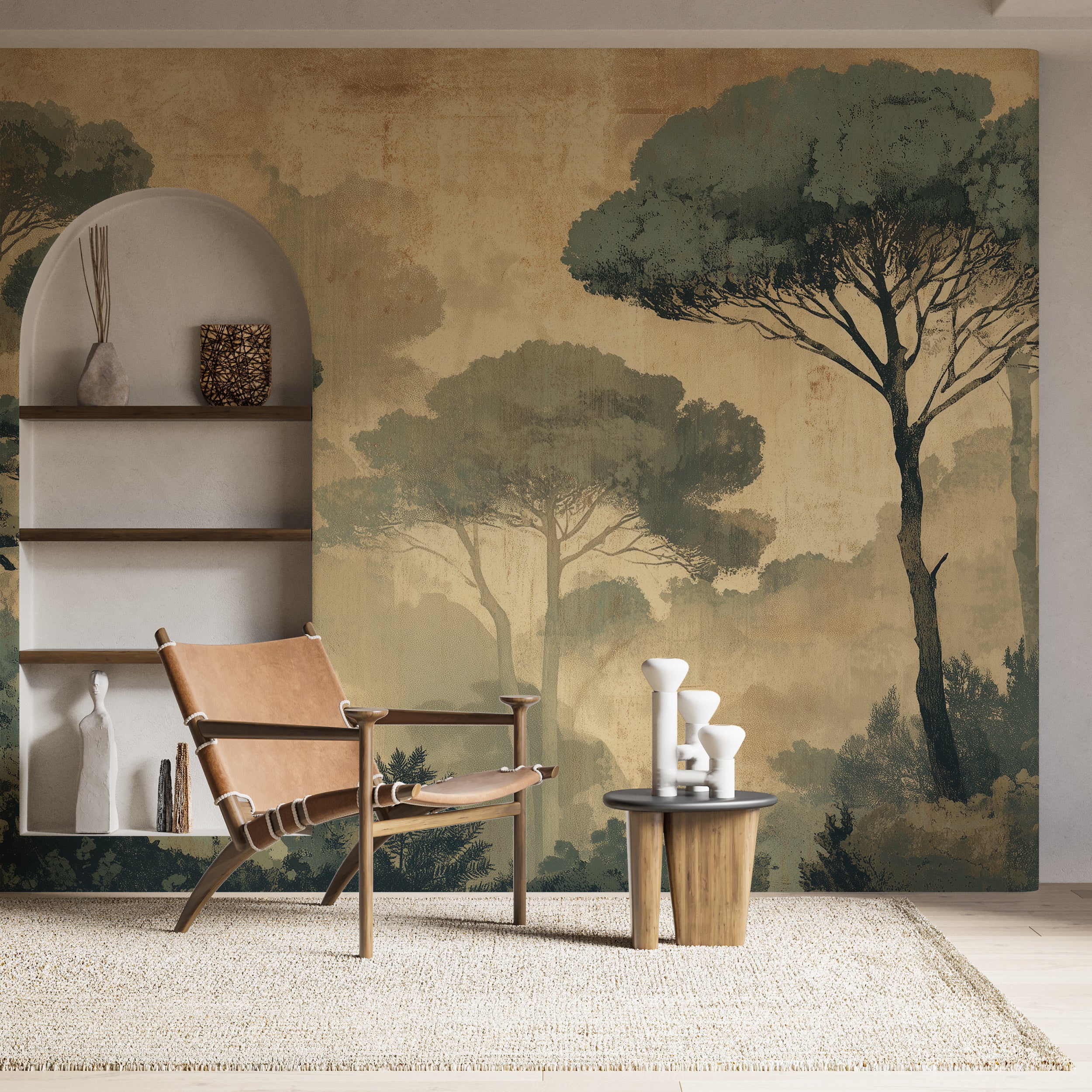 Vintage Rustic Tropical Forest Wall Mural in Green and Beige Peel and Stick Accent Wallpaper with Large Trees