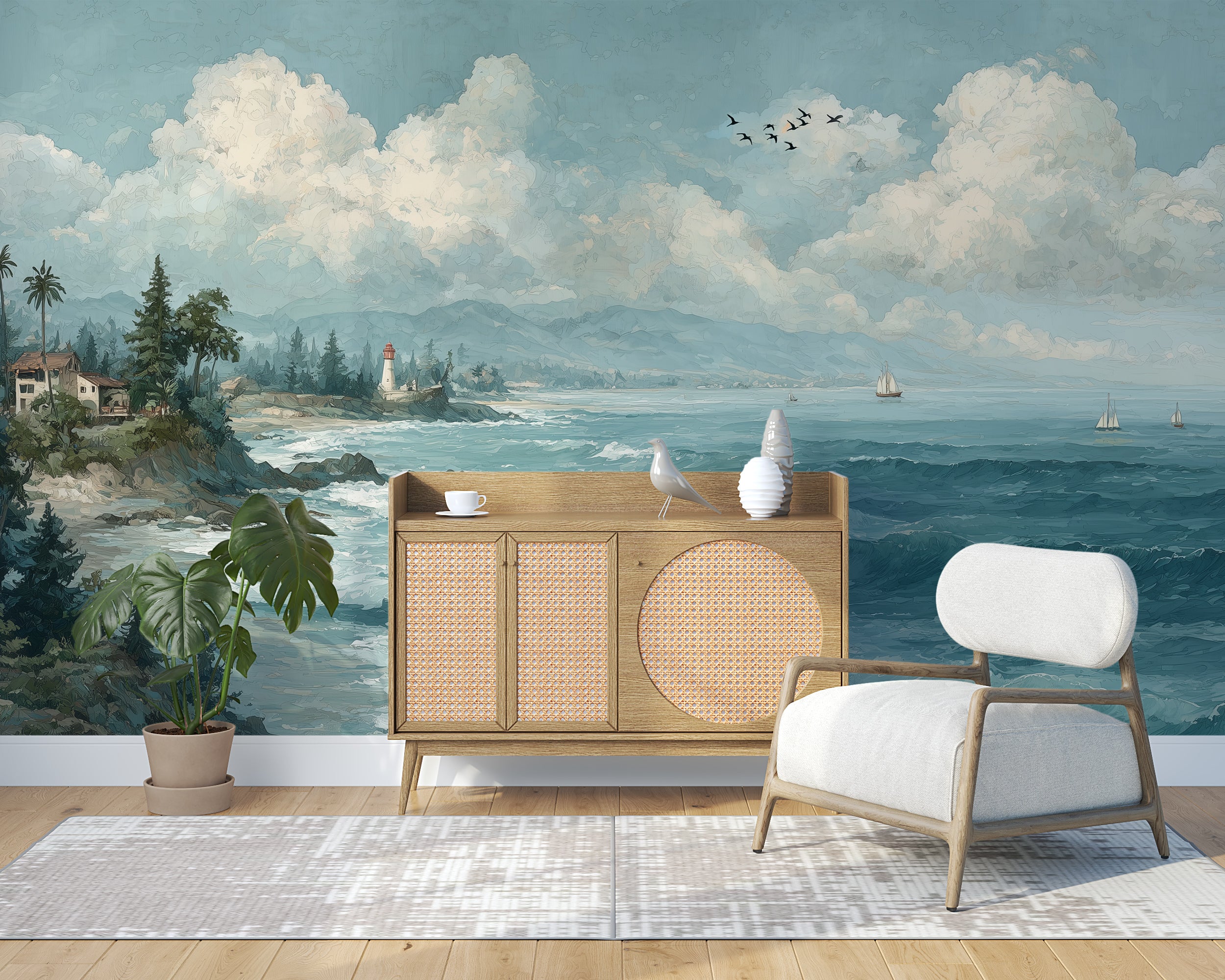 Painterly beach and trees wall mural
Removable nautical theme wallpaper