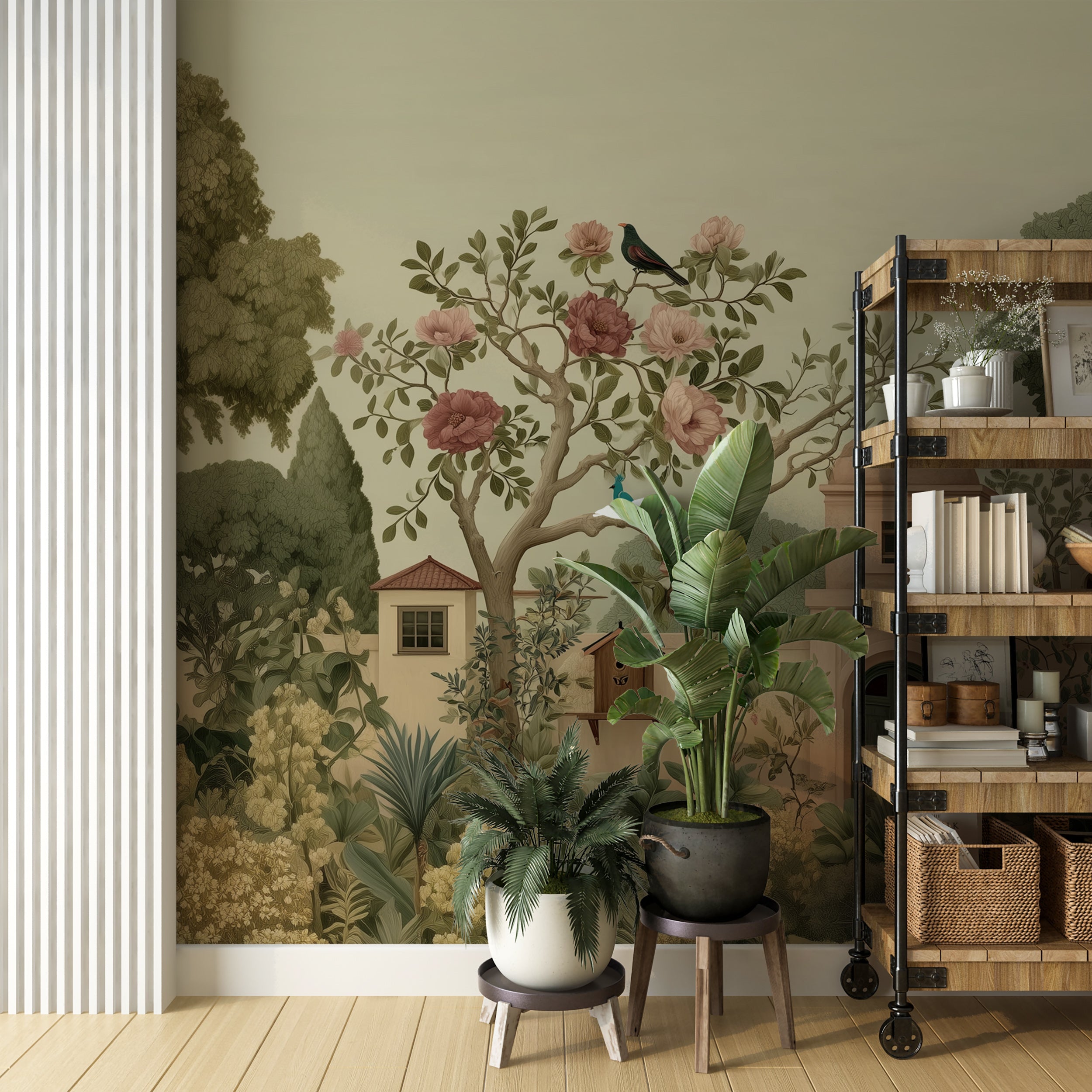 Room interior with a decorative wall mural of a garden scene, plants, and a wooden shelf.Historical landscape mural with castle and villa
Peel and stick vintage scenic wall art